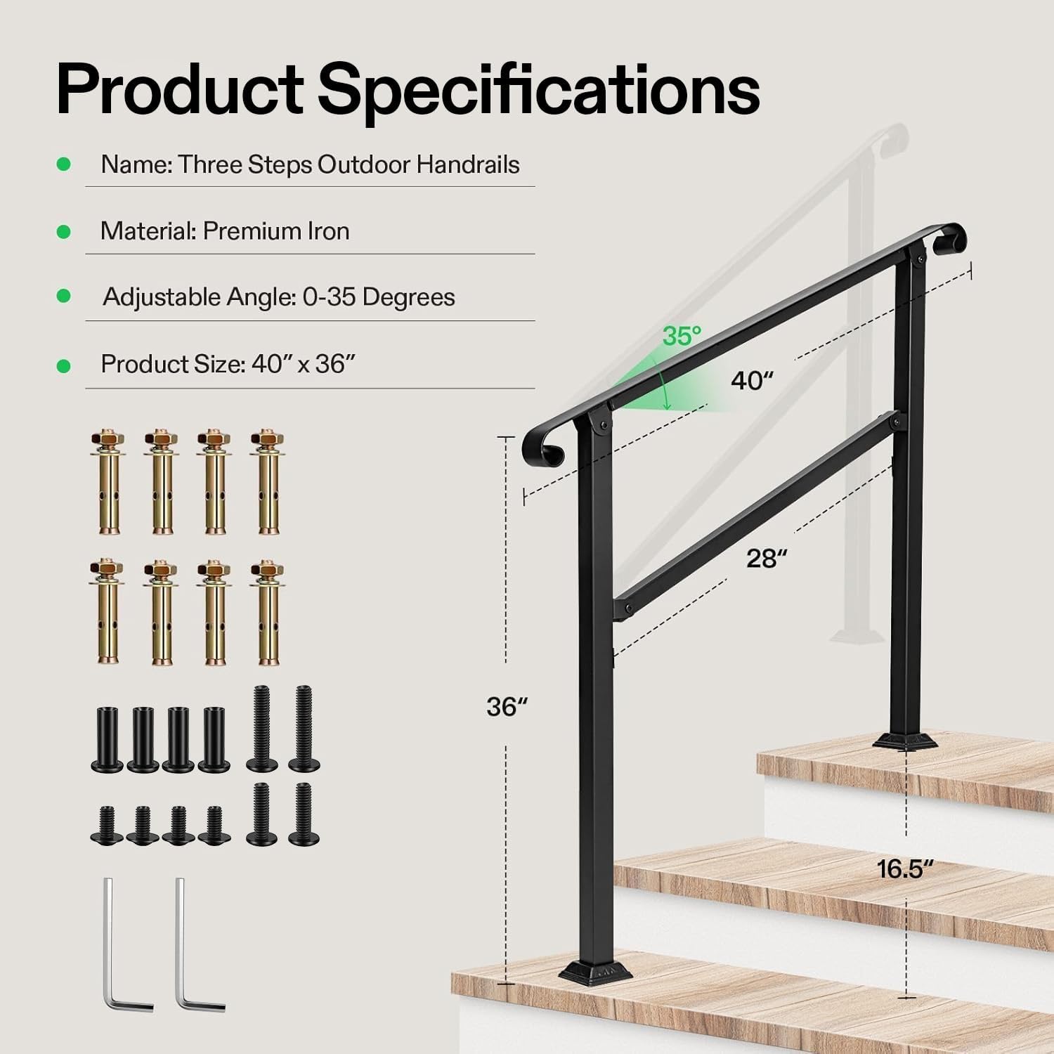 VIVOSUN Outdoor Handrail, 3 Step Stair Handrail, 40" x 36" Fits 1 to 3 Steps, Wrought Mattle Iron Stair Railing with Curved Ends for Concrete Steps, Porch Steps, One-Step Assembly, Black Black 3 Steps Straight-Curved End