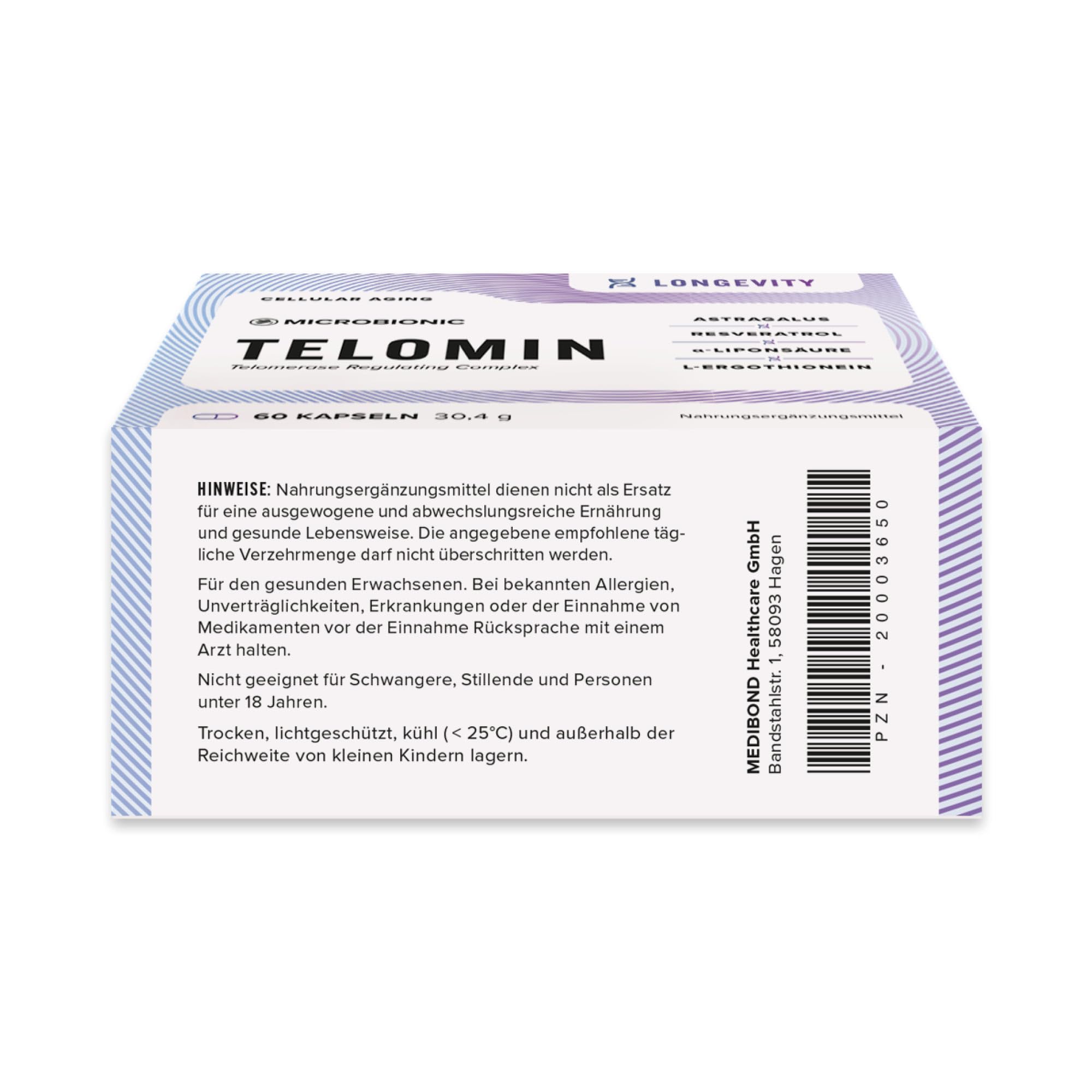 Telomin Longevity Nahrungsergänzung by MICROBIONIC | 60 Kapseln mit Astragalus-Wurzelextrakt | für Zellschutz, Regeneration, sowie Energie und Vitalität | made in Germany