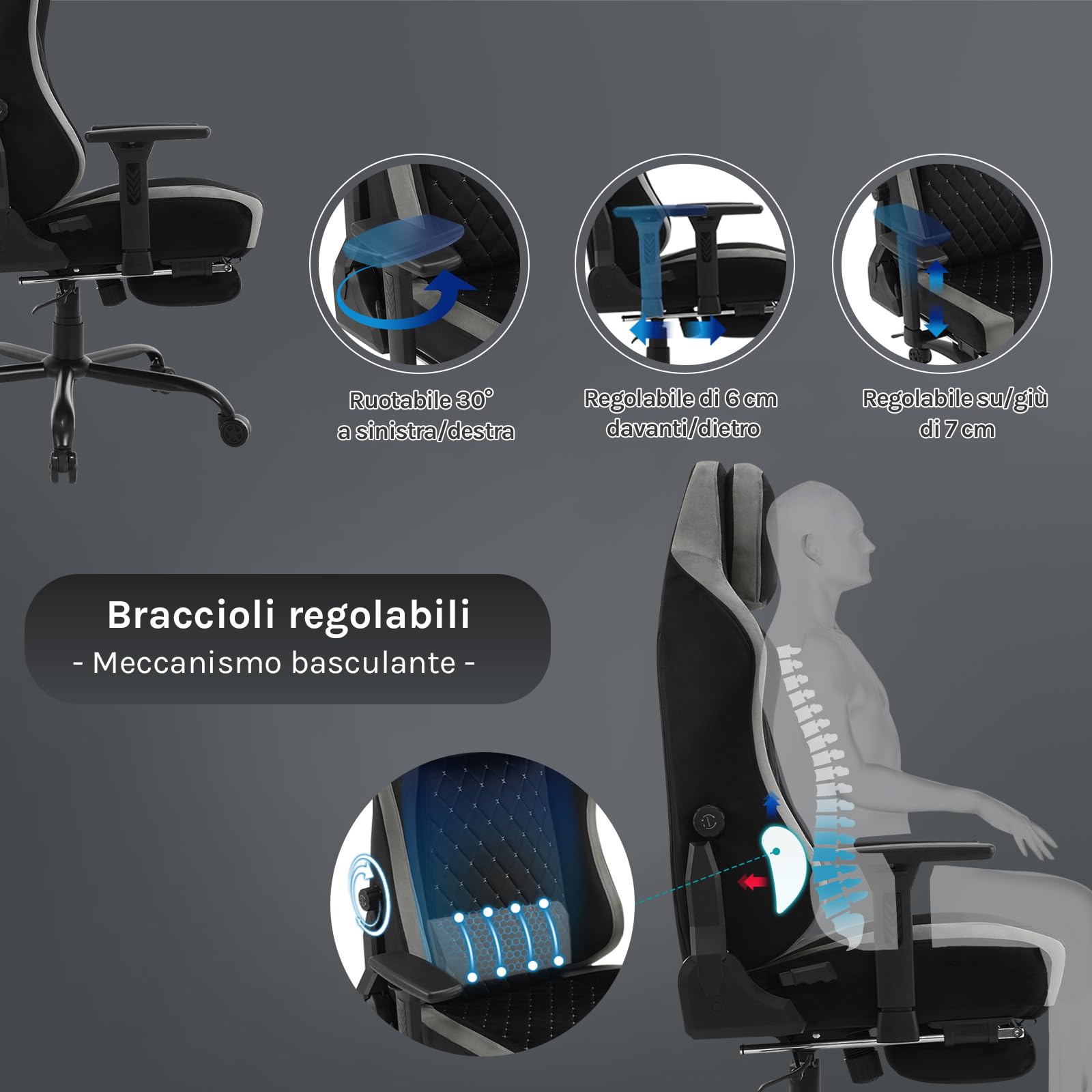 WOLTU Sedia Gaming,Supporto Lombare Adattivo Incorporato,Nero + Grigio | Velluto,con Braccioli Regolabili e Poggiapiedi Estensibile