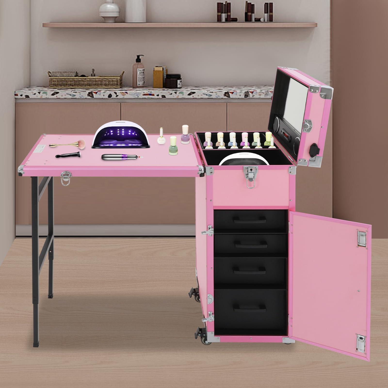 Rolling walizka na stół do manicure, kuferek na kosmetyki, walizka fryzjerska z 4 szufladami i 4 kółkami, dla fryzjera, miejsca pracy, składana, nośność 50 kg, z Bluetooth (różowa)