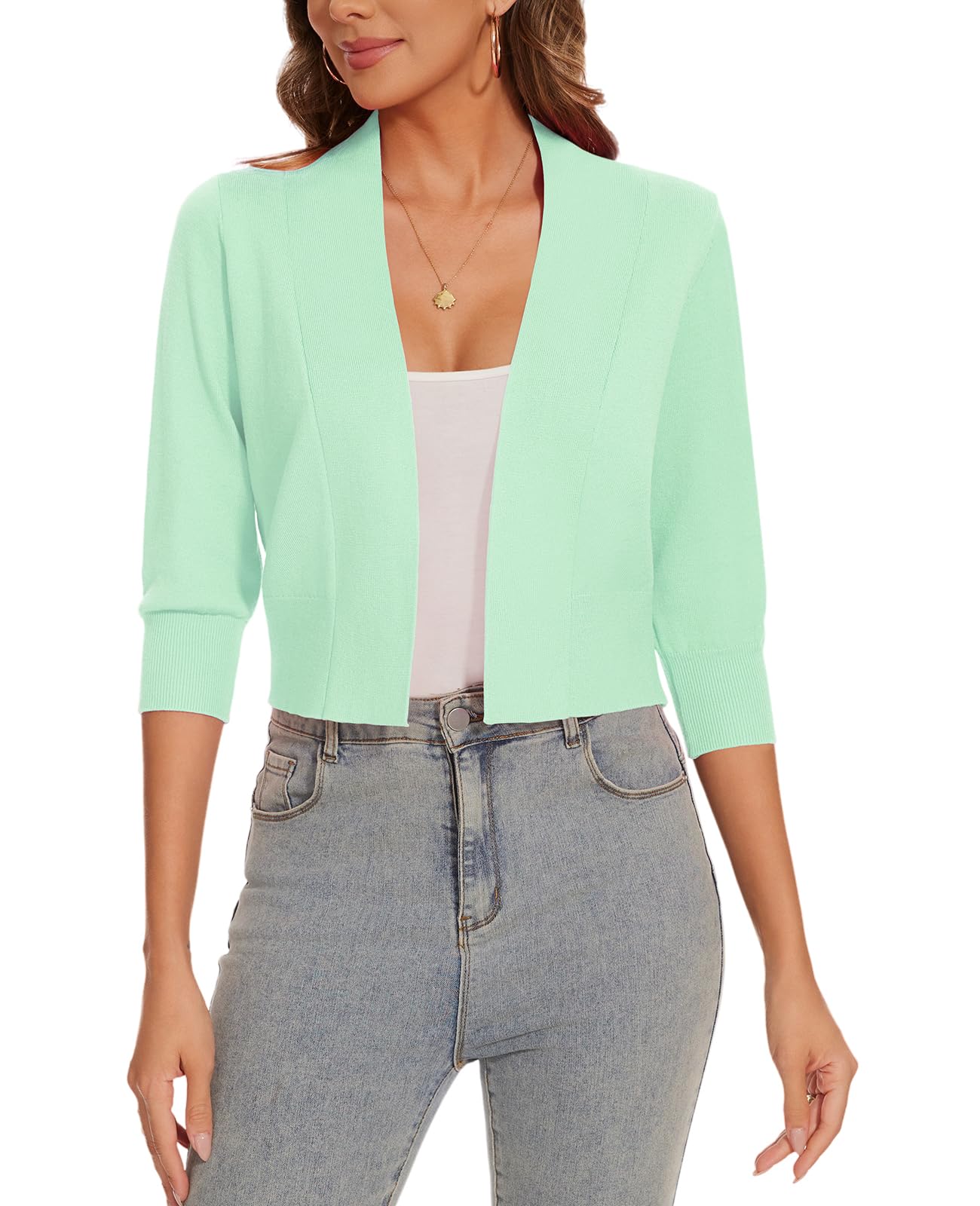 Women 3/4 Sleeve Cropped Cardigan Lightweight Casual Open Front Bolero Shrug Sweaters