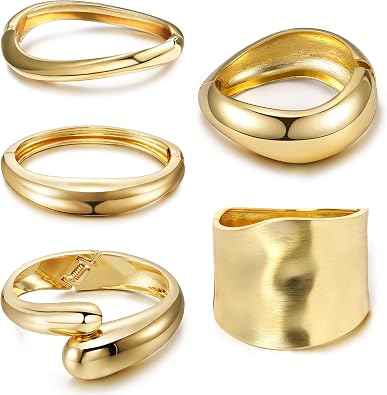 Golden Chunky Cuff Bracelet for Women Hinged Design Bangle Open Cuffs Trendy Statement Womens Thick Golden Bracelet Set
