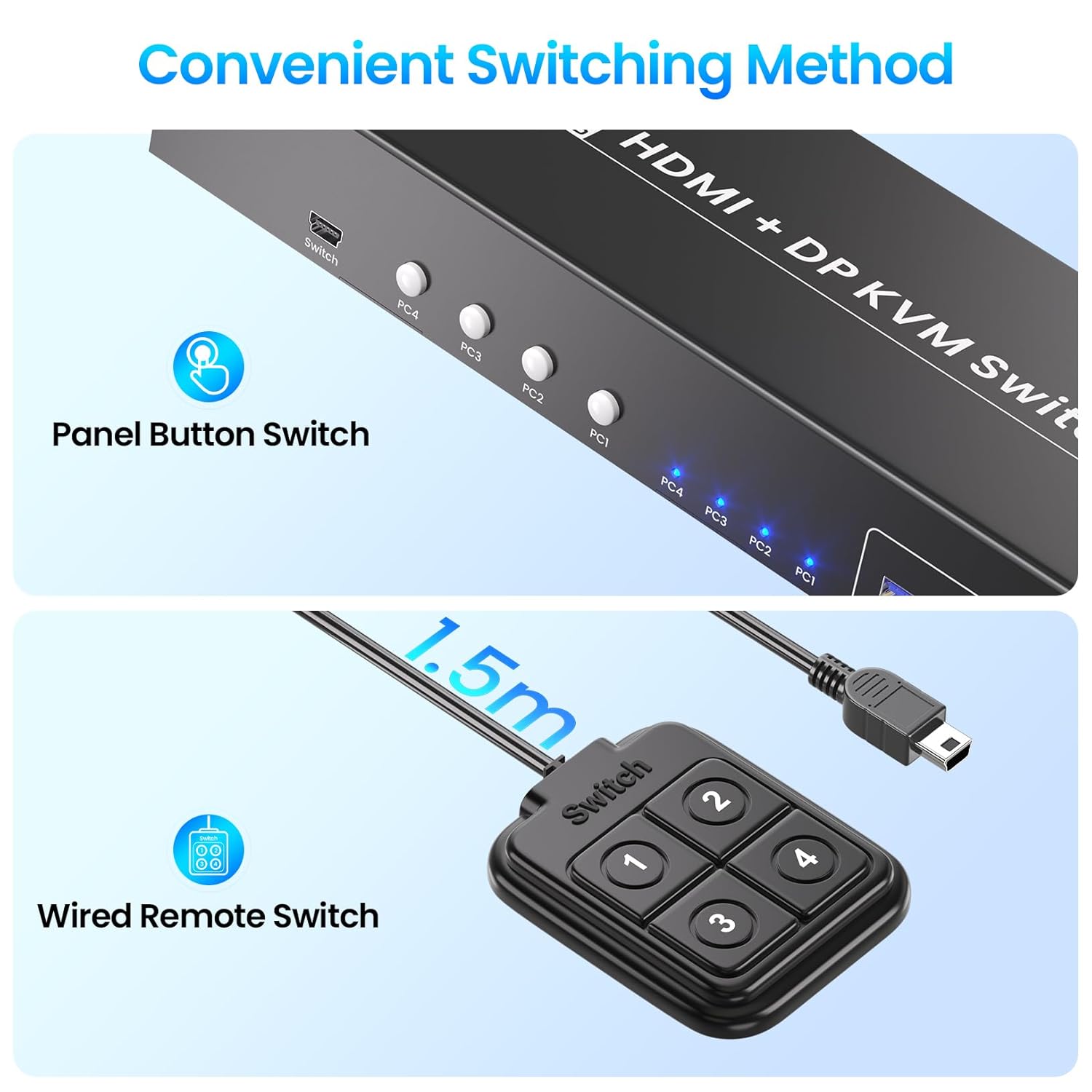 USB 3.0 4 Port HDMI + Displayport KVM Switch 2 Monitors 4 Computers, 4K60Hz Dual Monitor HDMI DP KVM Switch for 4 Computers Sharing 1 Set of Keyboard, Mouse and 2 Monitors