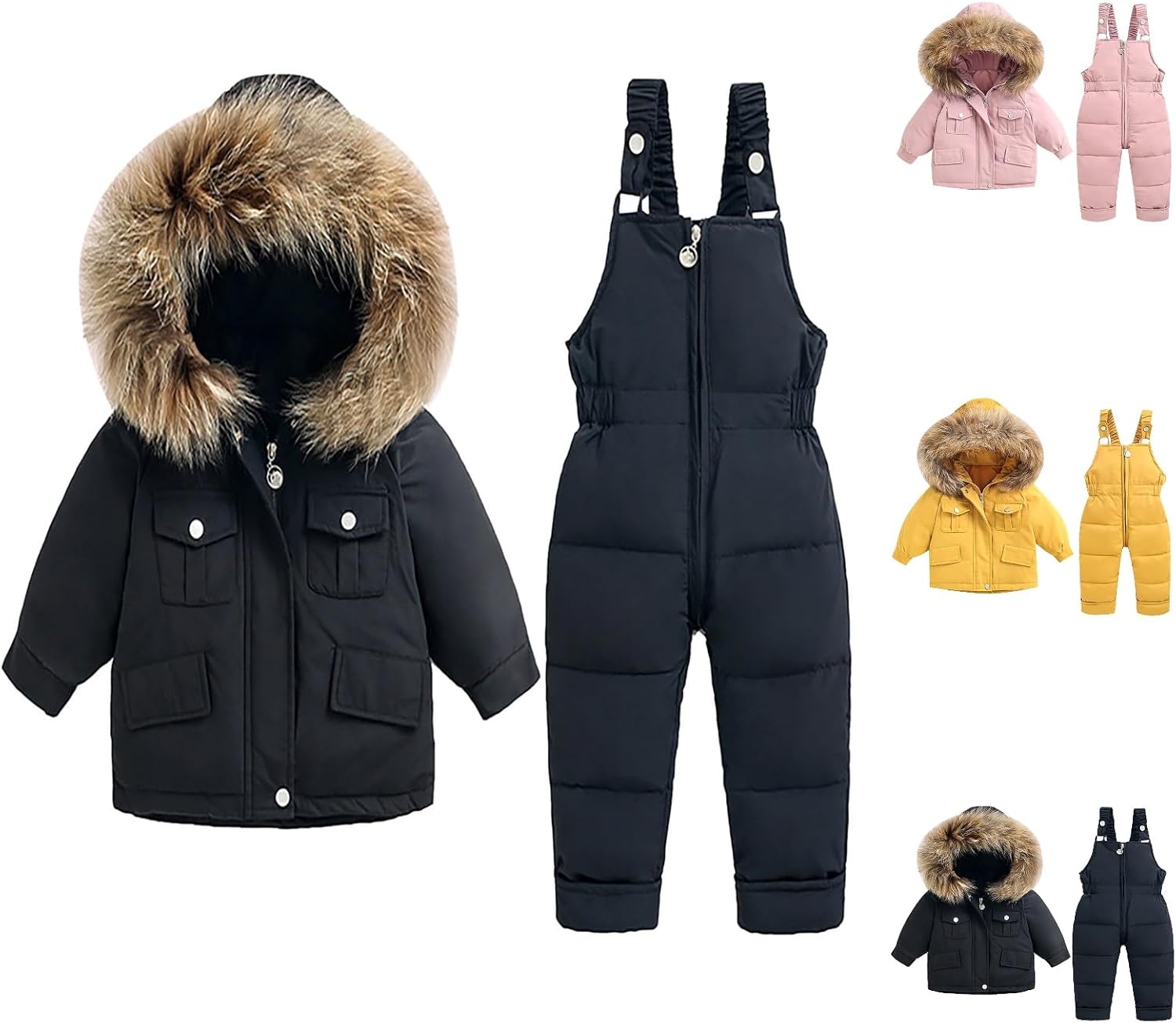 Baby Boys Girls Snowsuit Toddler Winter Hooded Furry Down Boys Girls Jacket Coat Ski Bib Pants Warm Thick Outwear