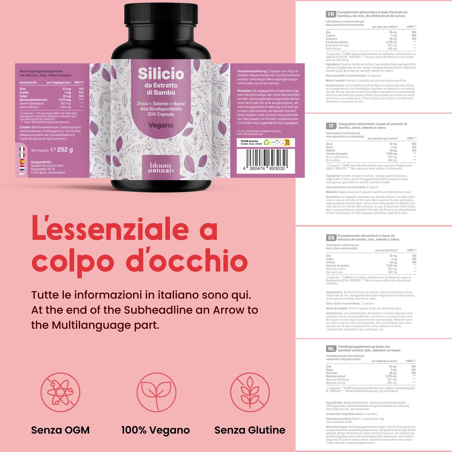 Complesso di silicio – 300 capsule con 500 mg di silicio con zinco, rame e selenio – silice di estratto di bambù – popolare tra le donne perdita di capelli – vitamine per capelli – Vegano e prodotto