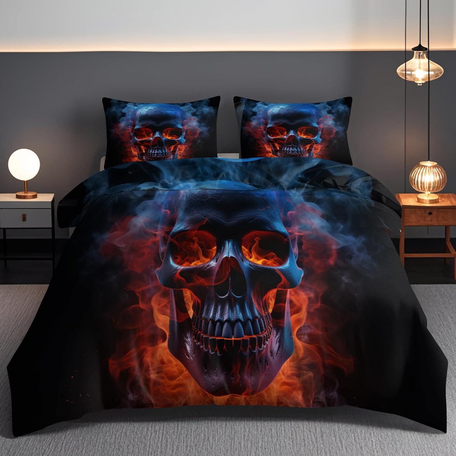 3 Piece Duvet Cover Set King, Gothic Blue Skull Fire Pattern, Evil Flaming Cracked Lava Halloween Bedding for Men Boys Gaming Room, Soft Microfiber Smoke Comforter Cover, 2 Pillowcases