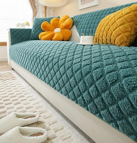 Miniatura 6 de vctops Funda de sofá de forro polar Sherpa a cuadros, color sólido, cálida y acogedora, funda de sofá de felpa mullida para perros, niños y