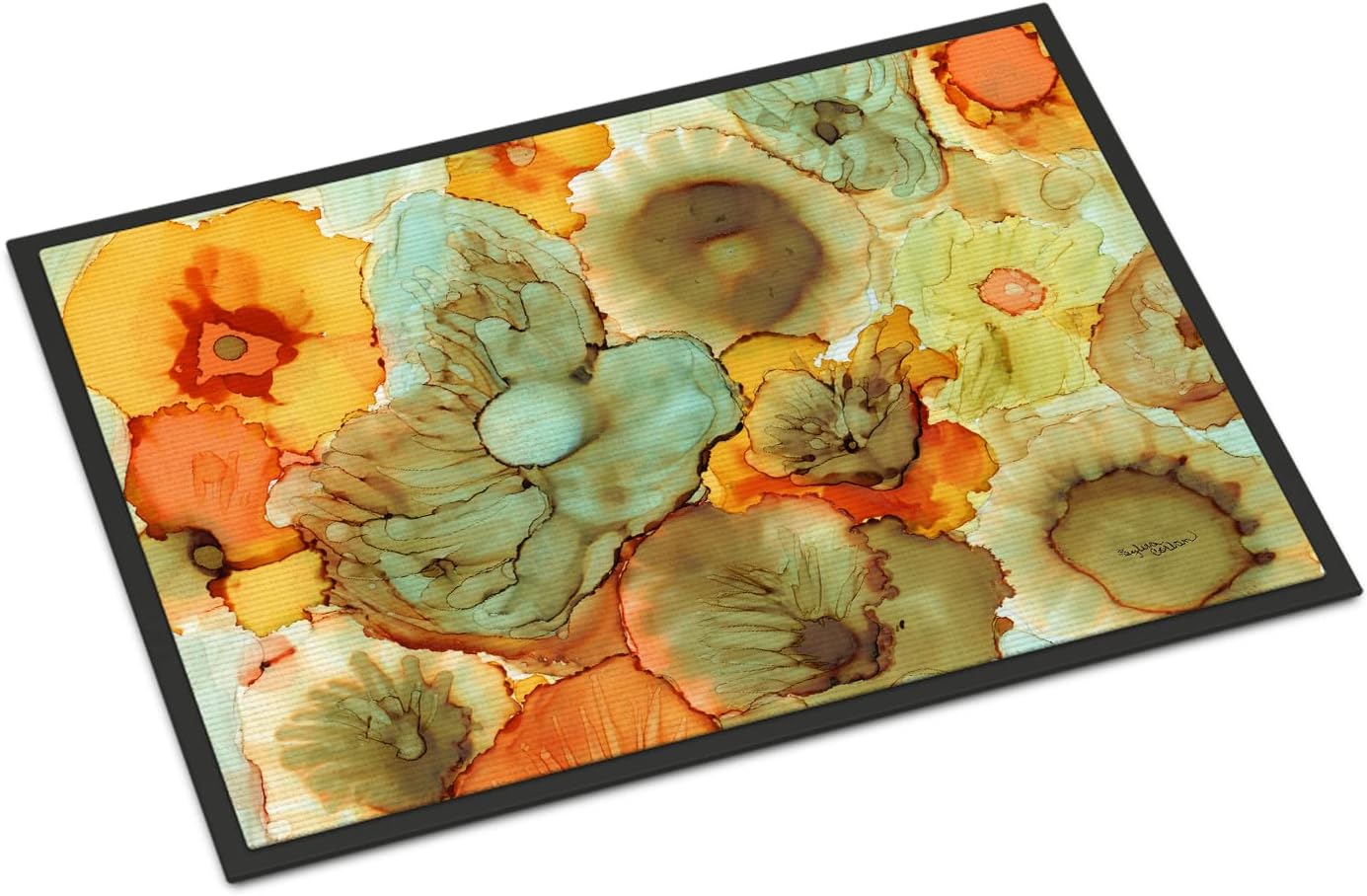 Caroline's Treasures 8959JMAT Abstract Flowers Teal and Orange Doormat 24x36 Front Door Mat Indoor Outdoor Rugs for Entryway, Non Slip Washable Low Pile, 24H X 36W