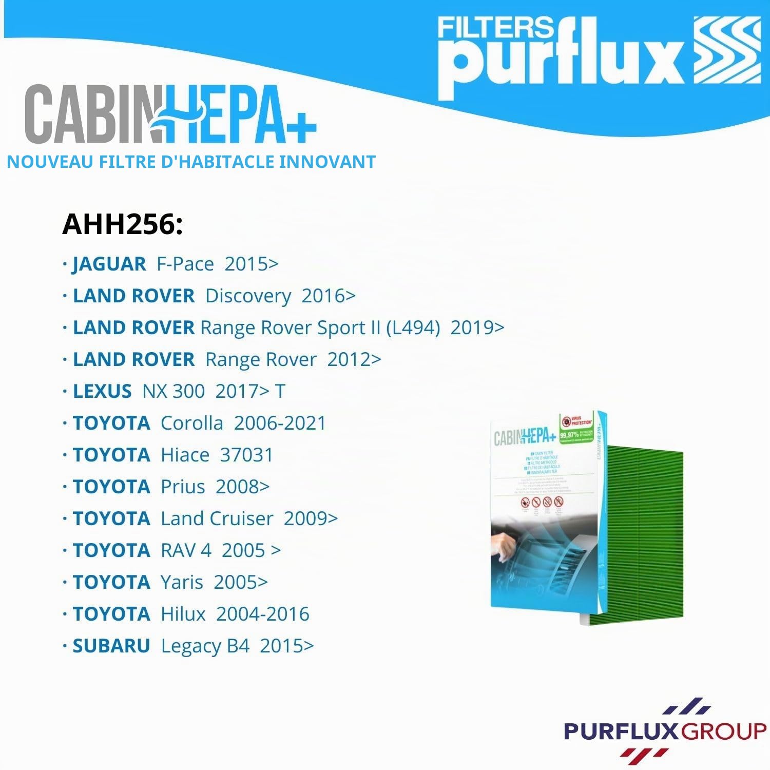 Purflux CabinHepa+ Filtre habitacle Hepa voiture, protège des allergènes, pollen, poussières, anti moisissure, particules fines automobile AHH256 Toyota Yaris 3 RAV4 3, Vert