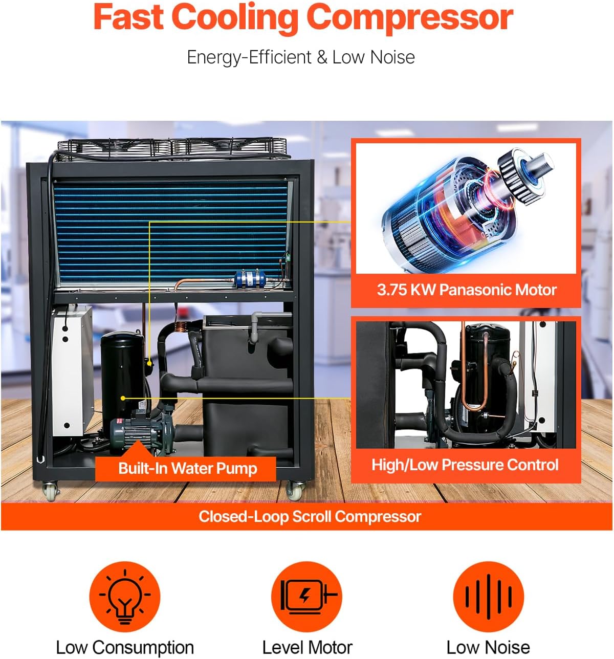 VEVOR Air Cooled Water Chiller, 5 Ton Portable, 5HP/3.75KW Compressor Motor, 53L Capacity Stainless Steel Water Tank, Finned Condenser with Micro-Computer Control, Industrial Chiller for Cooling Water