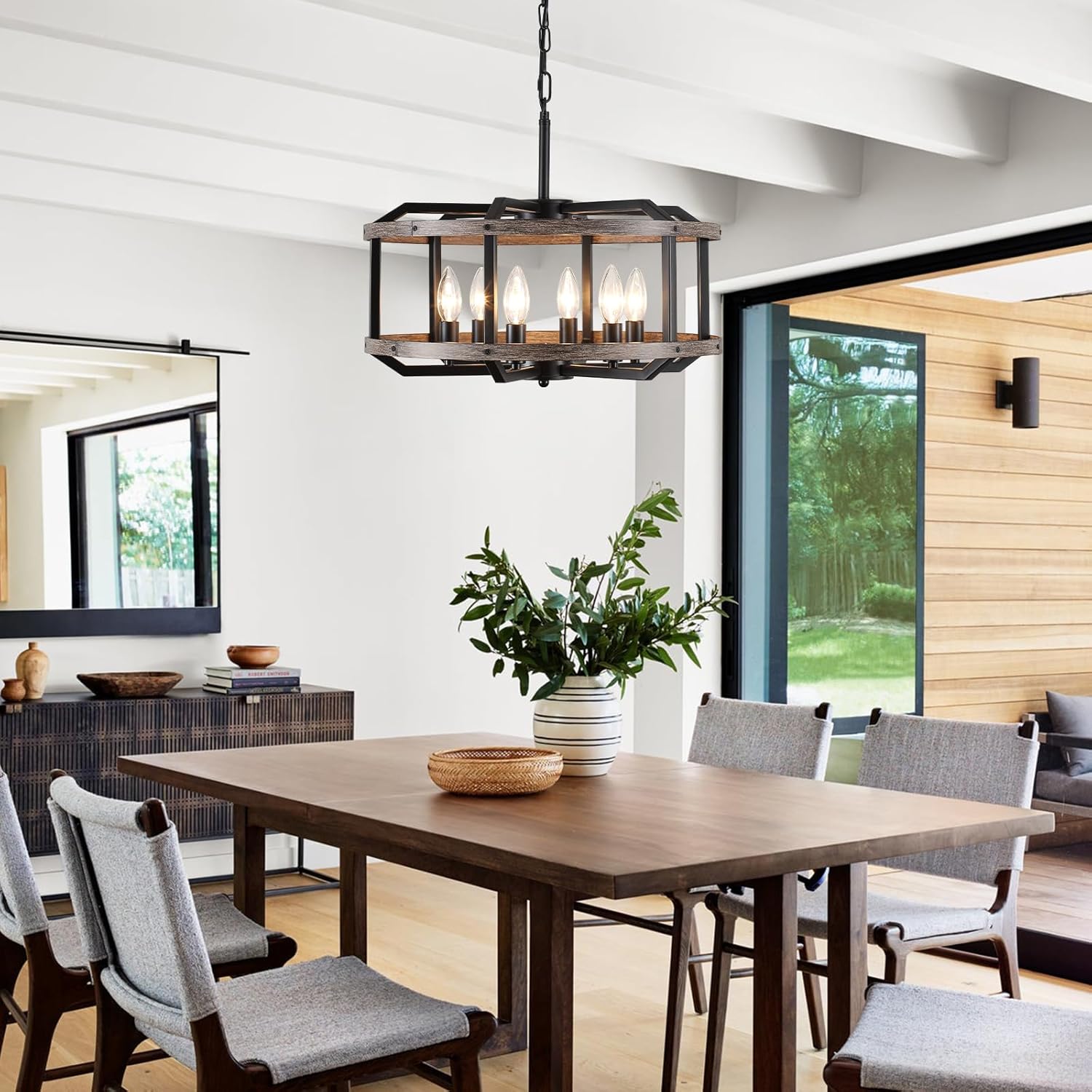 Farmhouse Chandelier for Dining Room, 6-Light Rustic Faux Wood Metal Light Fixtures, Caged Candle Style Pendant Hang Light for Dining Room, Kitchen Entryway