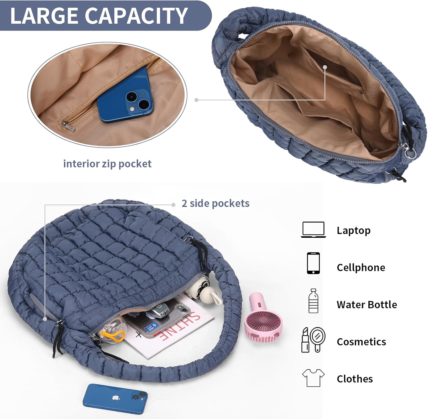 Puffer Tote Bag for Women Large Quilted Carryall Bag Soft Puffy Crossbody Lightweight Shoulder Handbags Work Travel - Image 4