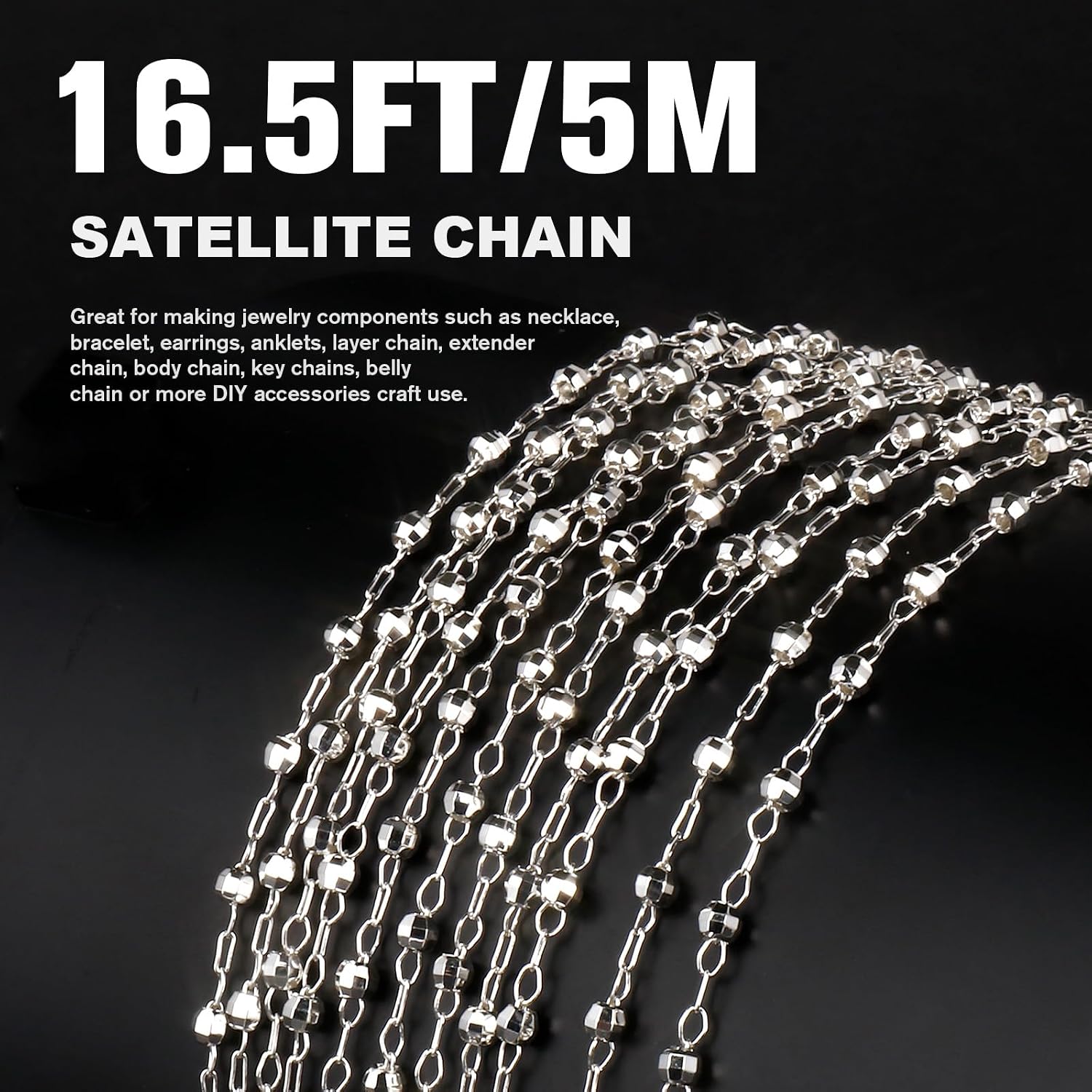 16.5FT Silver Cable Satellite Jewelry Chain Roll, 3.5MM Diamond-Cut Ball Beaded Chain Silver Plated Brass Cable Link Chains Spool Bulk for DIY Jewelry Making