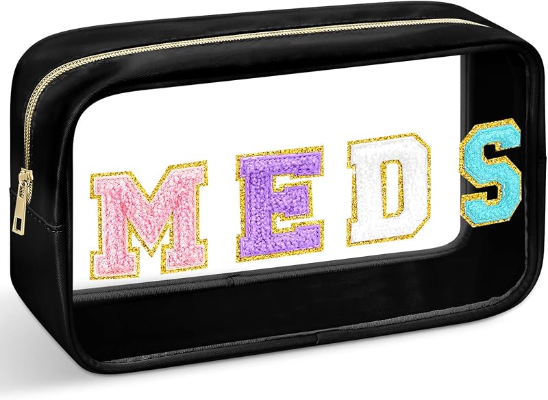 Geetery Necessaire de viagem preta com zíper e aplique de letras [MEDS]