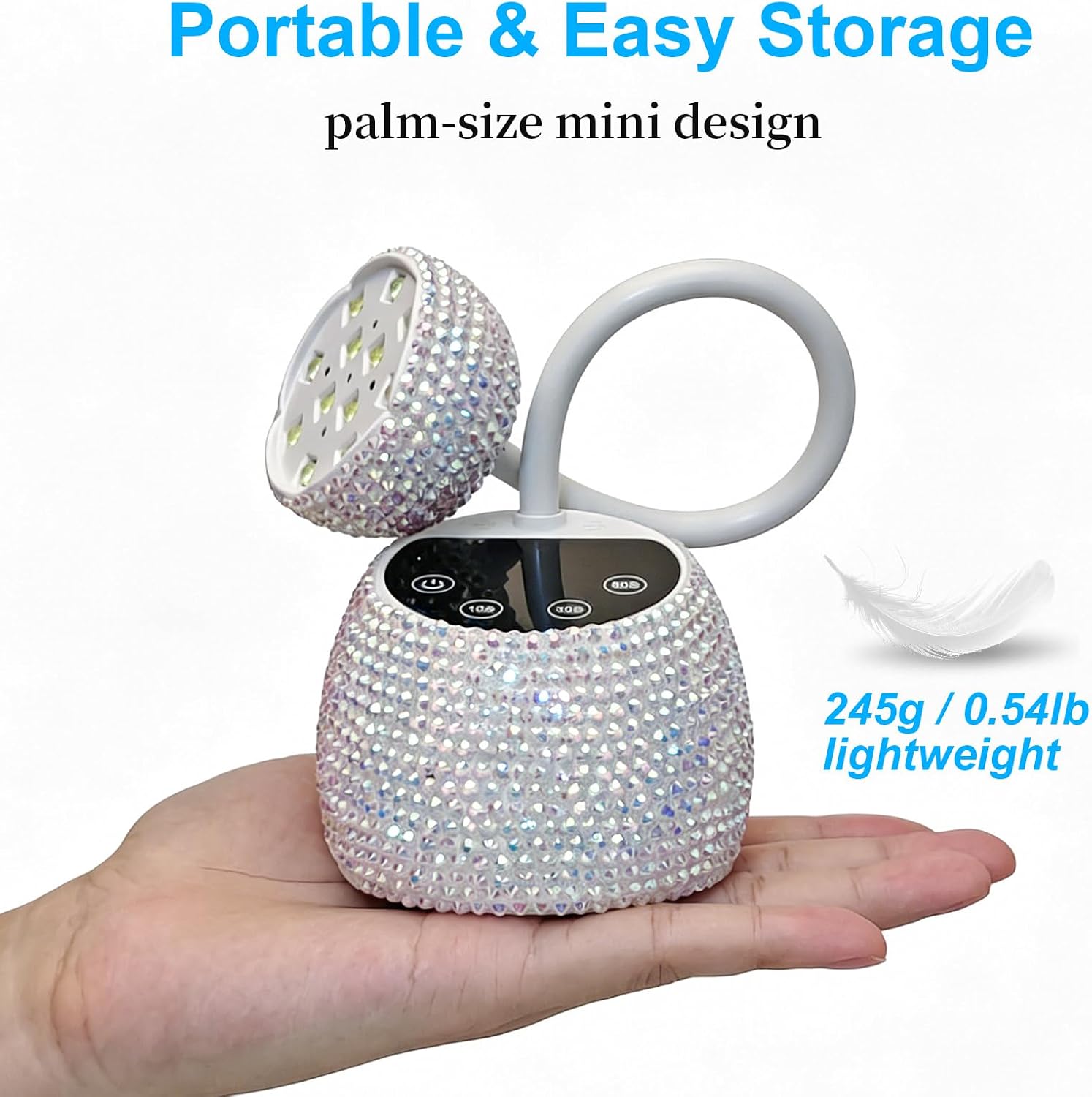 Flexible Gooseneck UV Nail Lamp, Bling Rhinestone Mini LED Nail Dryer Light with 10s/30s/60s Timer, Auto On/Off Portable Rechargeable Gel Nail Curing Lamp for Home Salon Manicure DIY Nail Art