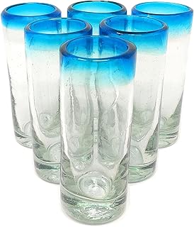 Dos Sueños Hand Blown Mexican Tequila Shot Glasses – Set of 6 Aqua Rim Tequila Shot Glasses (2 oz each) …