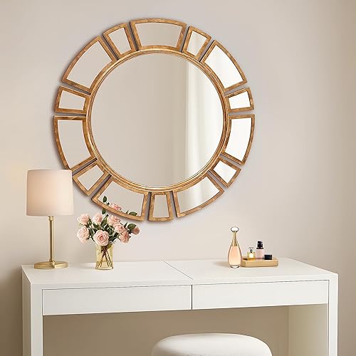 Miniatura 4 de Espejo de pared redondo de 30 pulgadas con marco de metal dorado, espejo decorativo Art Deco Glam Sunburst para sala de estar, entrada, tocador,