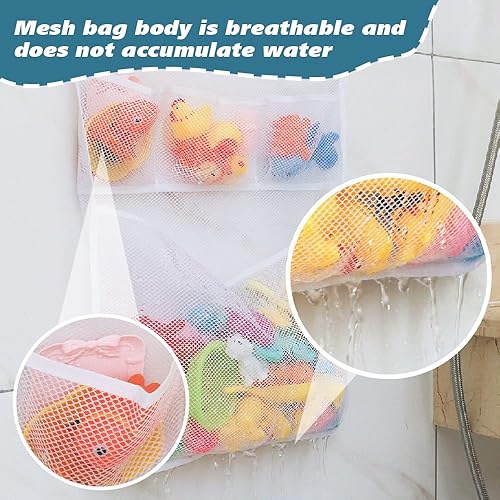 Miniatura 5 de 2 organizadores de juguetes de baño para bebé con 4 ganchos de succión fuertes, bolsa de malla de almacenamiento de juguetes de baño, soporte de