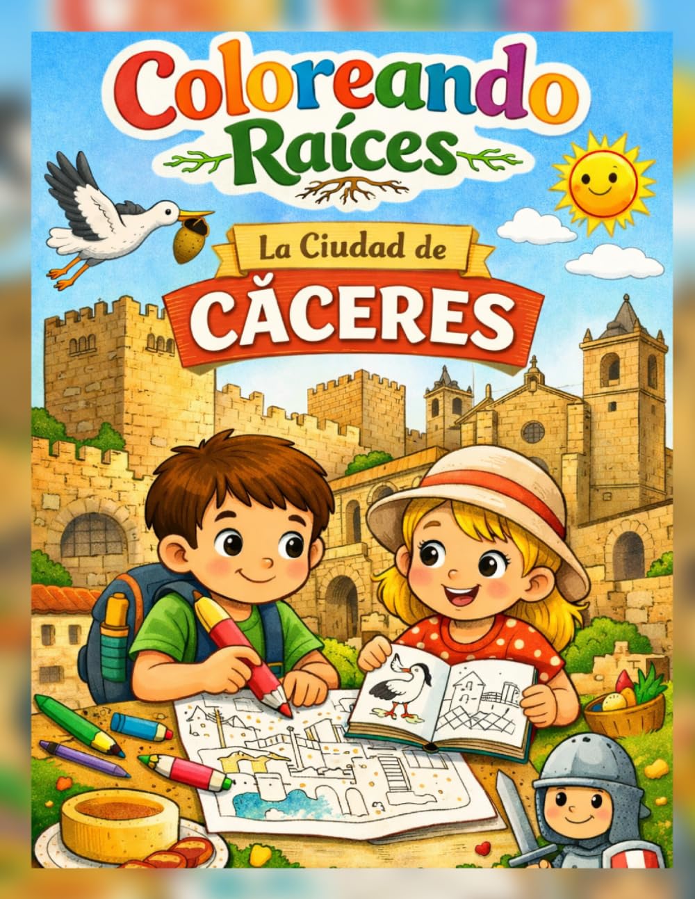 Coloreando Raíces: Cáceres: Libro de colorear de la ciudad para niños y familias — descubre y pinta sus murallas medievales, torres y lugares históricos