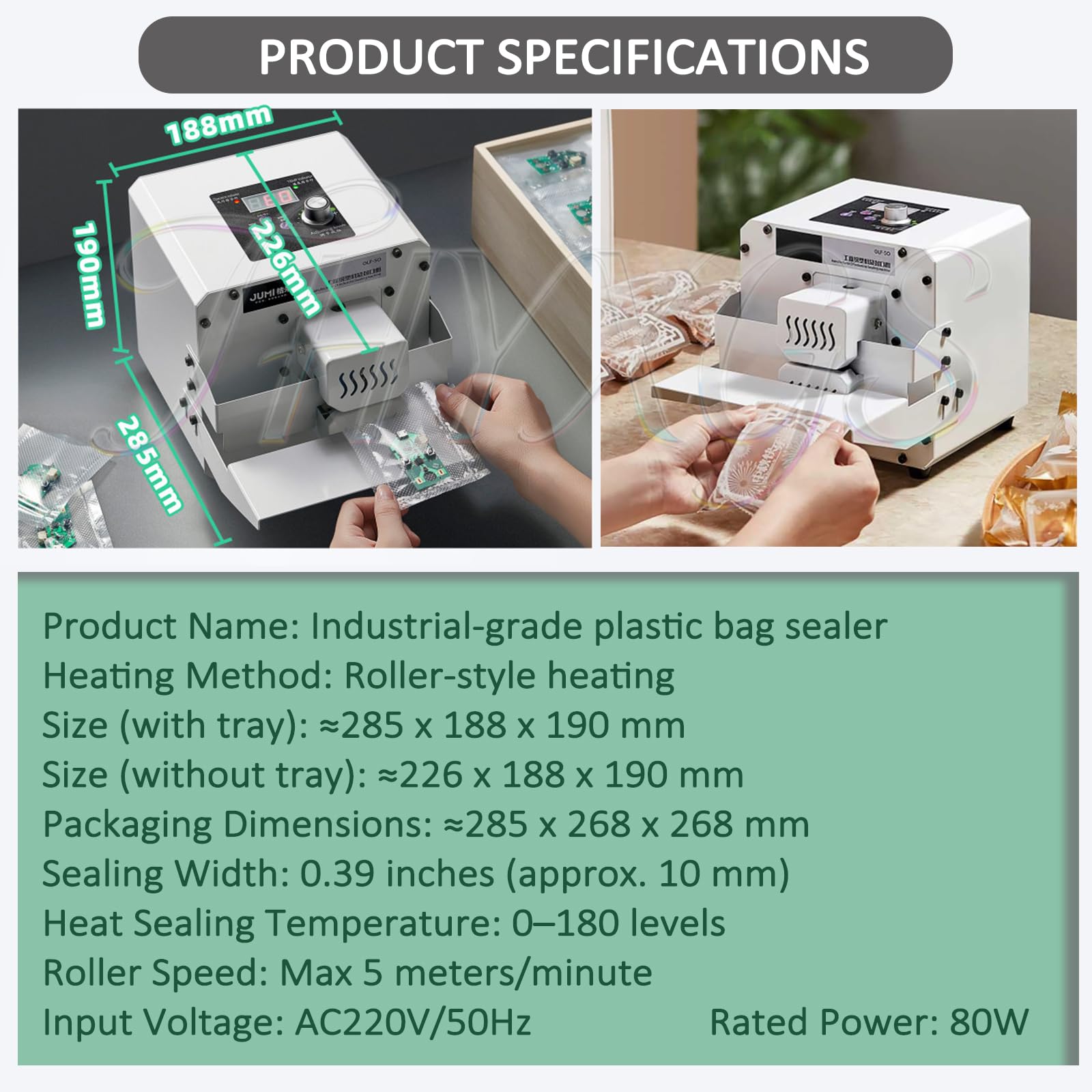 Scelleuse en Continu Automatique pour Sachets (Plastique/PVC), Modèle De Comptoir avec Réglage Numérique De La Température Et De La Vitesse Et Hauteur Ajustable; pour Un Usage Commercial