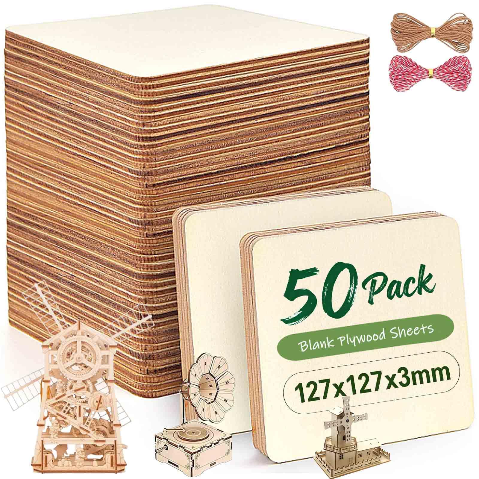 50Pcs Unfinished Wood Pieces,12.7 * 12.7cm Square Blank Wooden Slices Unfinished Natural Wood Sheets for Crafts Painting Coasters Pyrography Art Staining Burning DIY Christmas Decoration