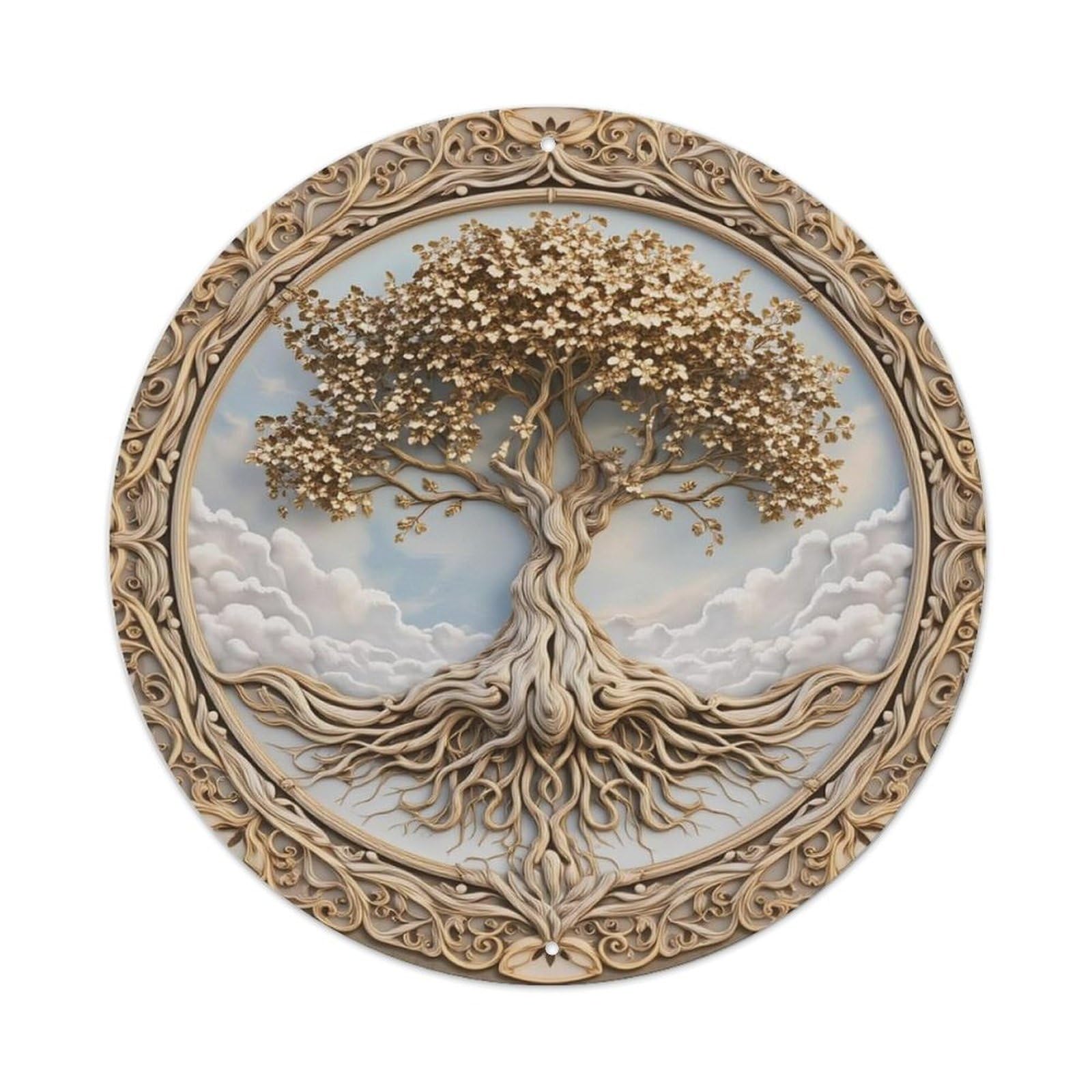 Golden Tree With Clouds And Roots Metal Tin Sign