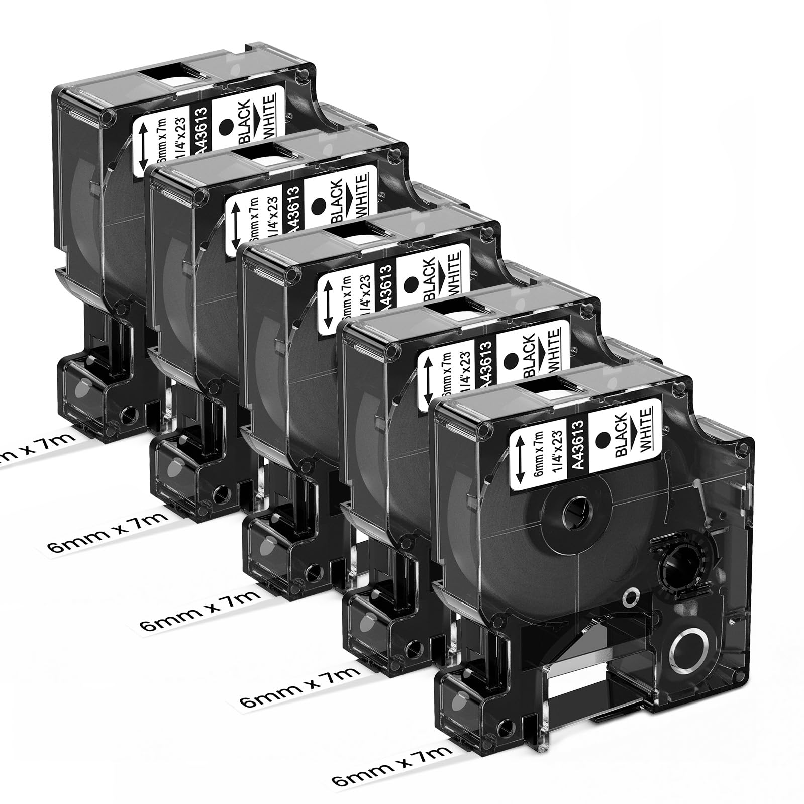 Upwinning 43613 Label Tape 6 mm x 7 m Compatible with Dymo D1 Label Tape 6mm x 7m Black on White, Compatible with Dymo LabelManager 160 210D 280 360D 420P 640CB, 5 Pack