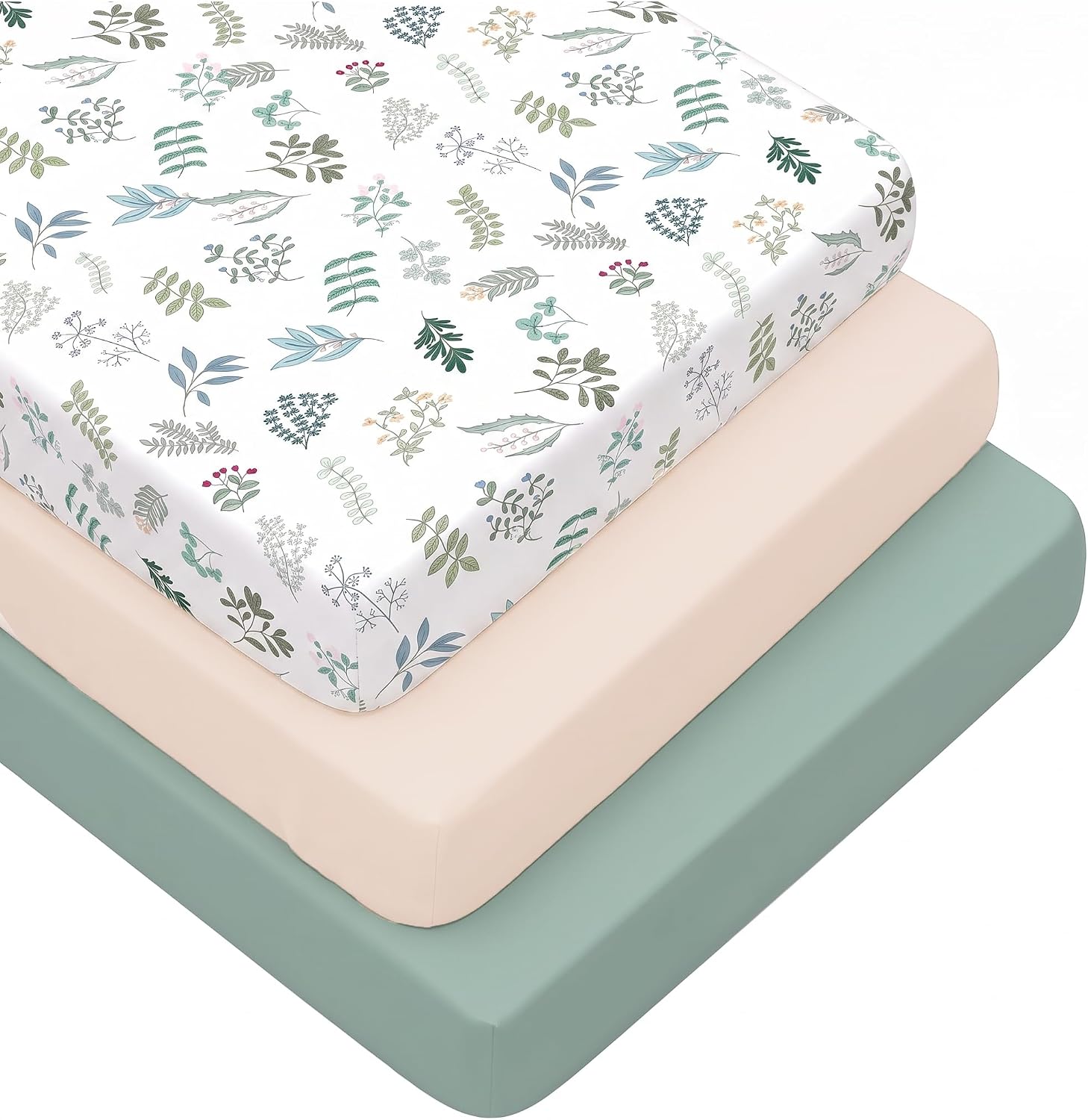 3 Pack Crib Sheets for Boys Girls – Fitted Crib Sheets for Standard Crib Mattress and Toddler Mattress, Ultra Soft Breathable Washable Polyester, 28x52inch, Mint Green & Leaf