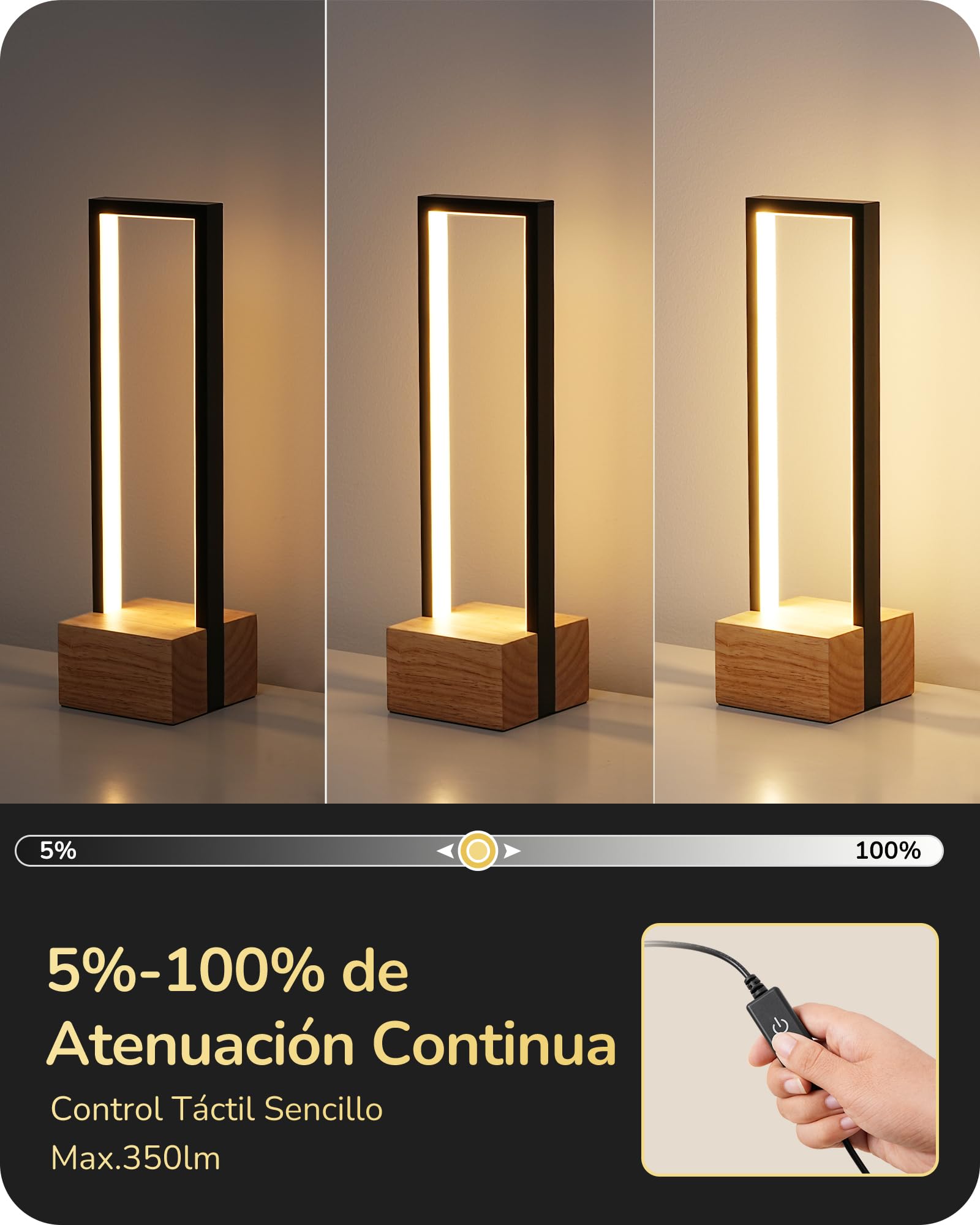 EDISHINE LED Lámpara de Mesa LED Regulable, Lámpara de Noche de 3 Temperaturas de Color (3000K 4500K 6000K), Regulable Continua Táctil para Salón, Oficina, Marco de Aluminio Negro y Base de Madera