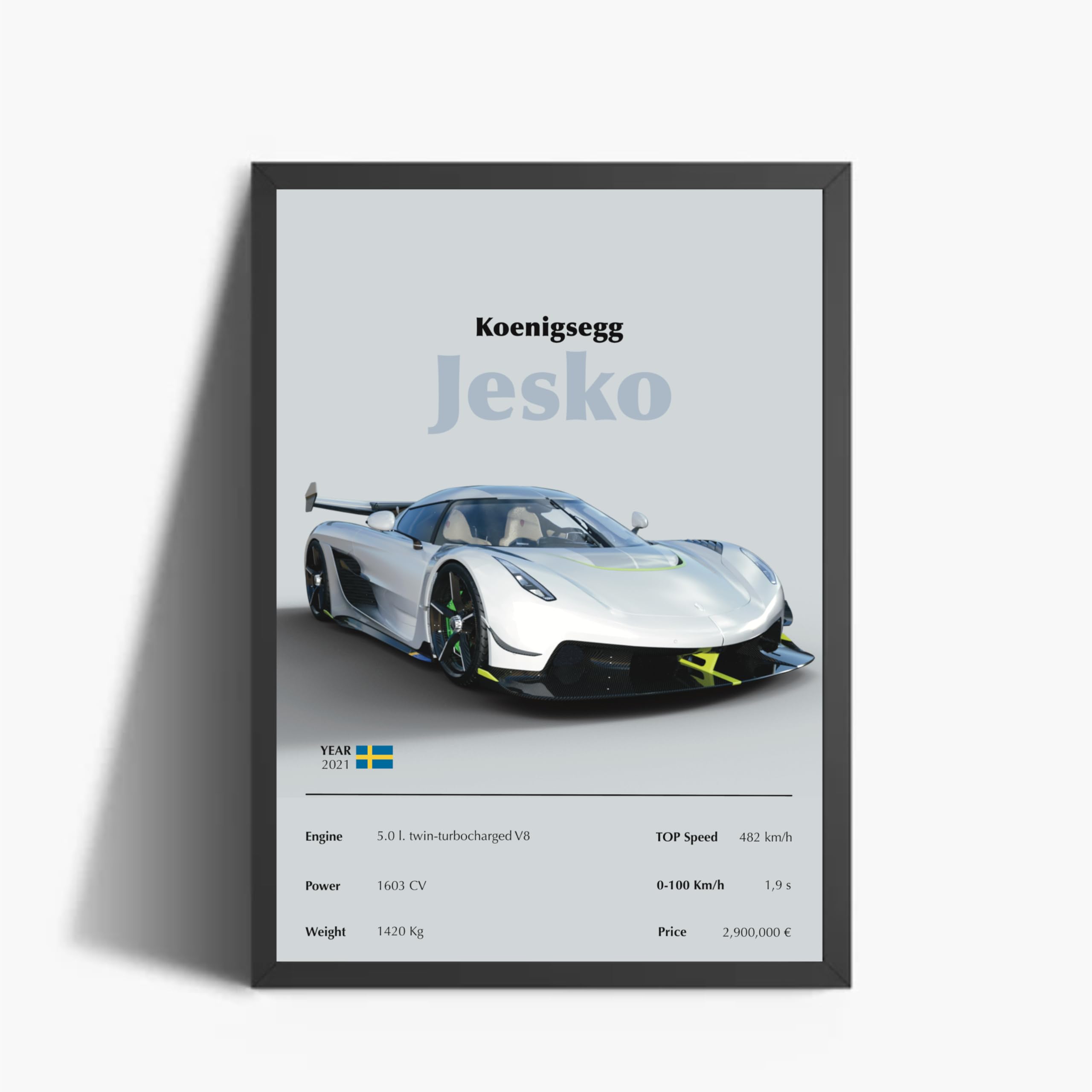 ANDSAL Koenigsegg Jesko Poster Autogramm Digitale Kunst A3 Poster Gerahmt Dekorativ Gedruckte Geschenk Idee Motorbesessenen Druck (Schwarzer Rahmen)