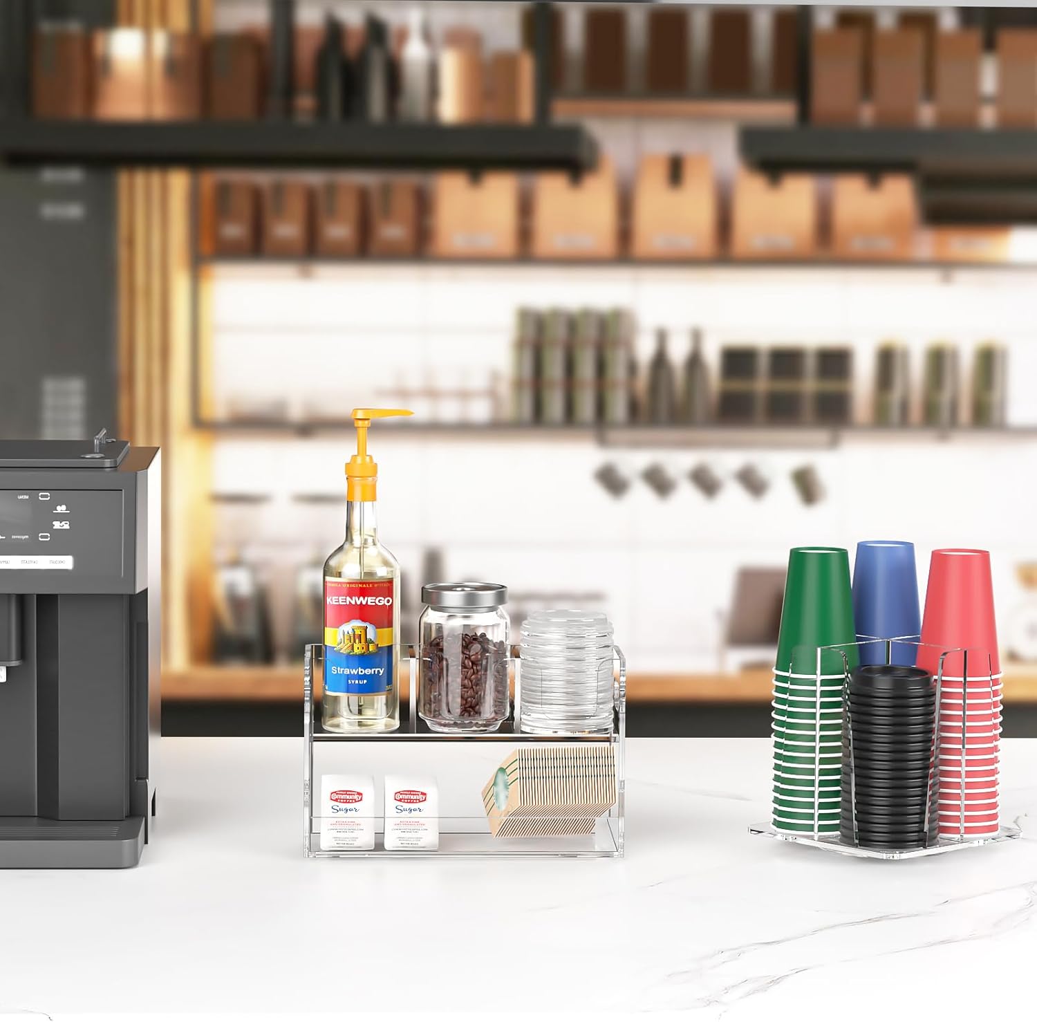 Disposable Coffee Cup Dispenser with Handles, 2-Tier 4 Compartments Clear Acrylic Paper Cup and Lid Storage Organizer for Coffee Bar Kitchen Accessories Restaurant Breakroom Party Supplies
