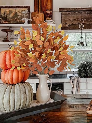 Miniatura 4 de Tallo de hojas de abedul artificiales de otoño, 6 piezas de tallos largos de vegetación de otoño de 33.4 pulgadas de alto, plantas falsas con ramas