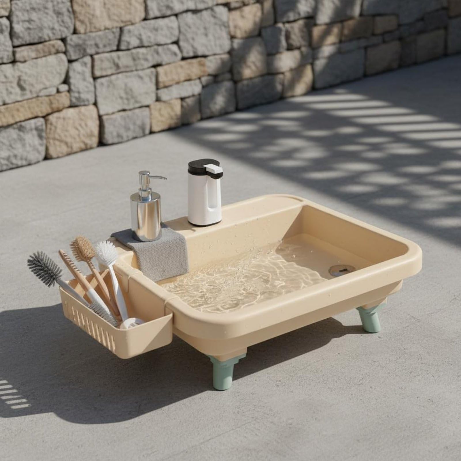 Lavabo Exterior Portátil Lavamanos Fregadero Estación de Lavado con Bomba Eléctrica y Grifo Cronometrado de 15s y 50s con Compartimentos para Jabón y, Blanco