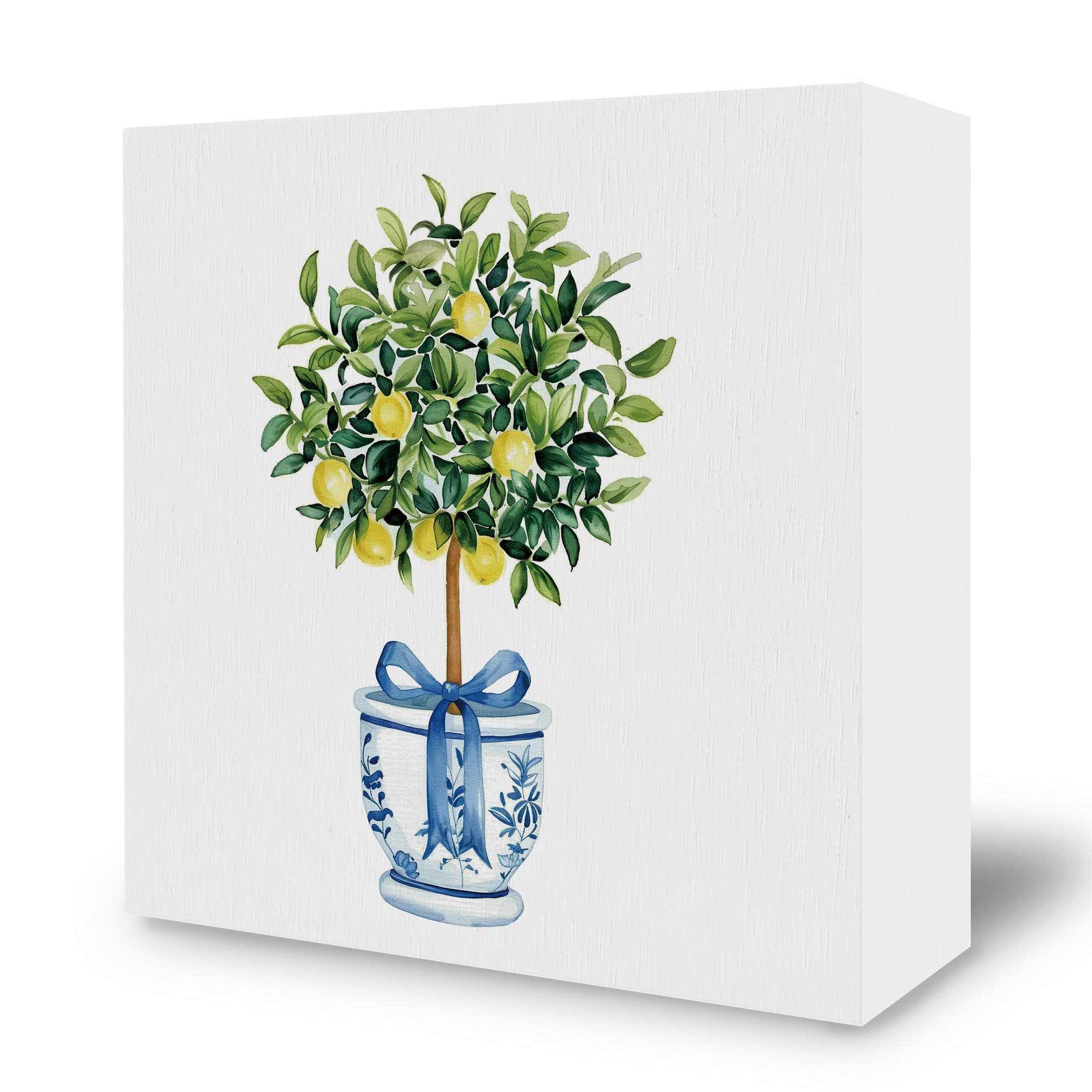 Chinoiserie Desk Decor Decorations - Lemon Tree Preppy Wooden Box Sign, Blue and White Wood Block Plaque Box Sign for Grand Millenial Home Decoration,