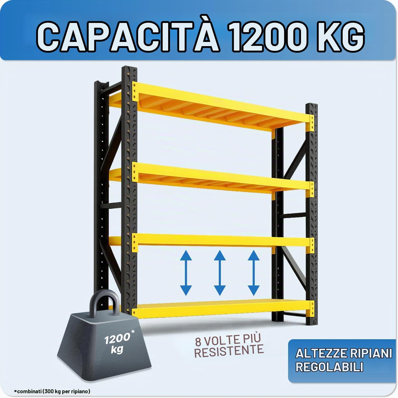 Scaffalatura per carichi pesanti, portata totale 1200 kg, 300 kg per ripiano, scaffale in metallo stabile, 4 ripiani, scaffale per garage, cantina, magazzino, 60 cm di profondità (120 x 60 x