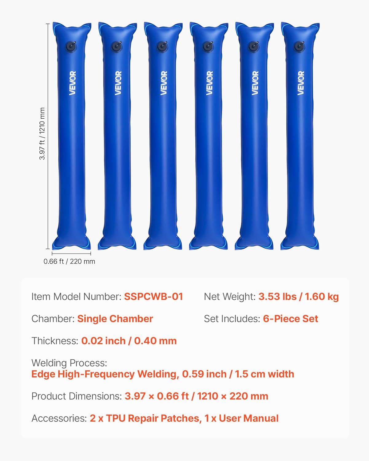 VEVOR Pool Cover Water Bags, 6 Packs 4 Ft, Single Chamber Pool Cover Water Tubes, 0.4mm Thick PVC Bags Weights with Leakproof Screw Cap, for Inground Swimming-Pool Covers Winter Closing, Blue