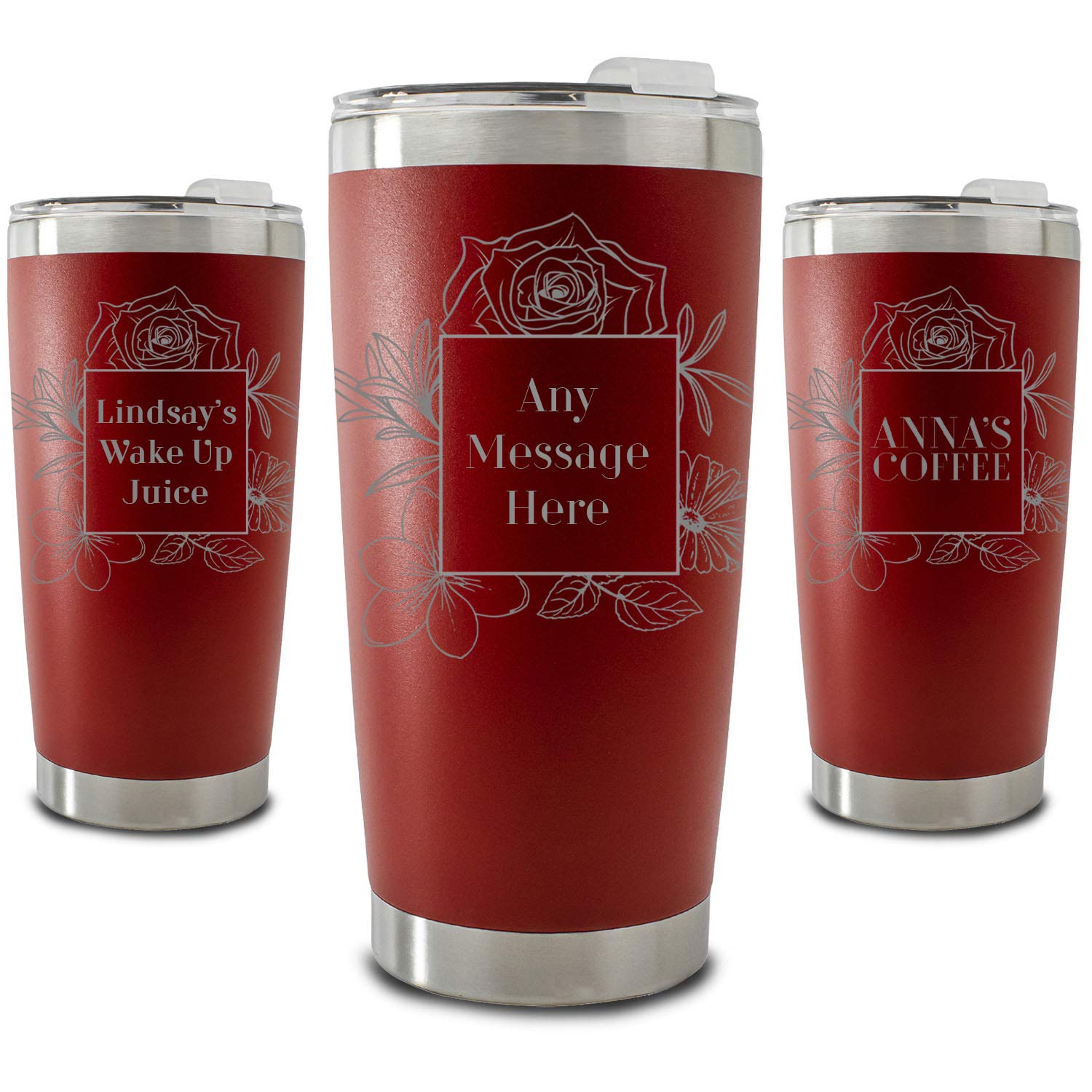 Personalisierter, gravierter, roter 500-ml-Reisebecher mit quadratischem Blumenmuster, personalisierbar mit einer beliebigen Nachricht oder einem Namen, inklusive Geschenkbox, lasergraviert