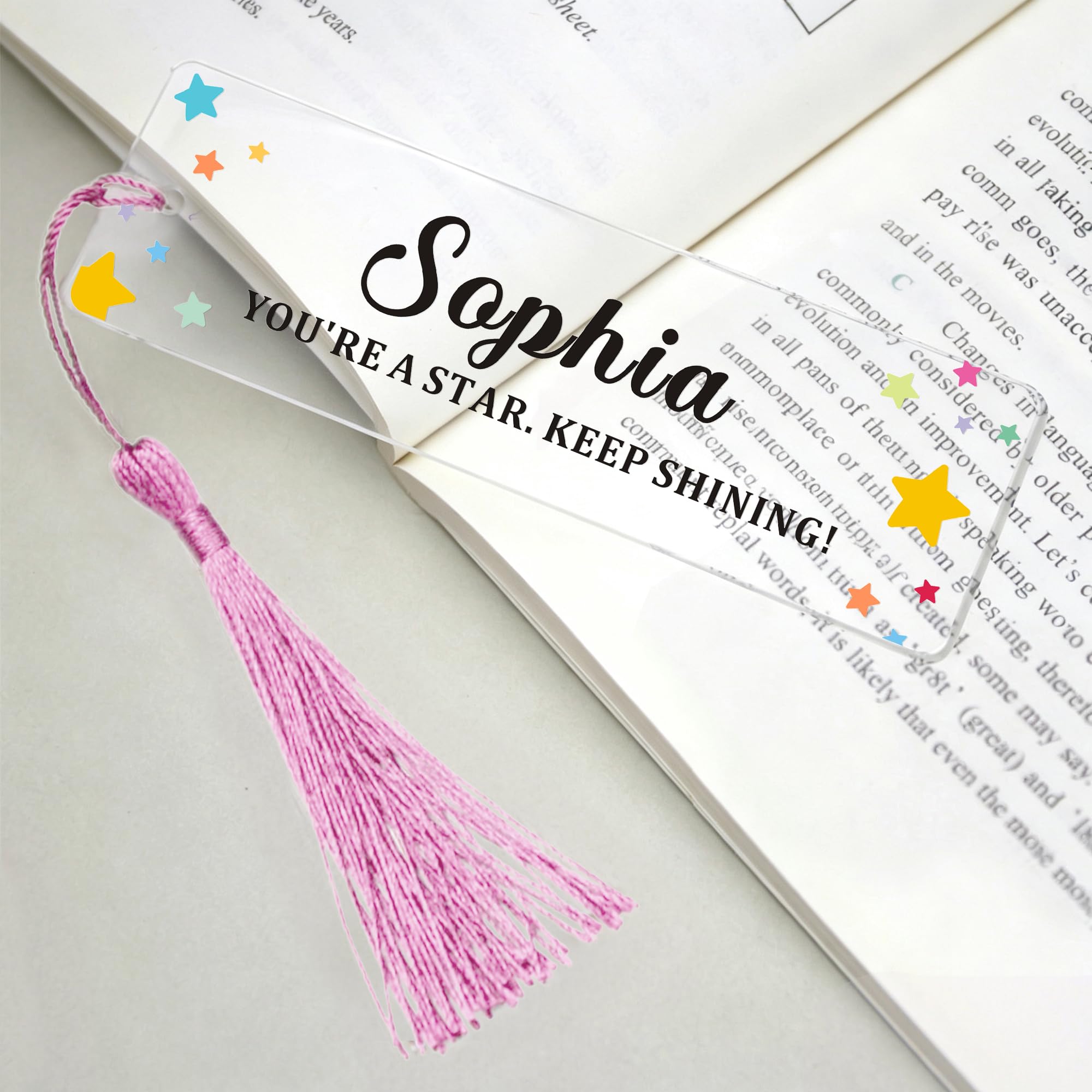 EDSG Personalised Bookmark Acrylic Bookmarks with Tassels, Custom Book Mark with Any Text, Bookmarks for Women Men, Book Lover Gifts for Teacher Student Bookworms Birthday Christmas (Pink)