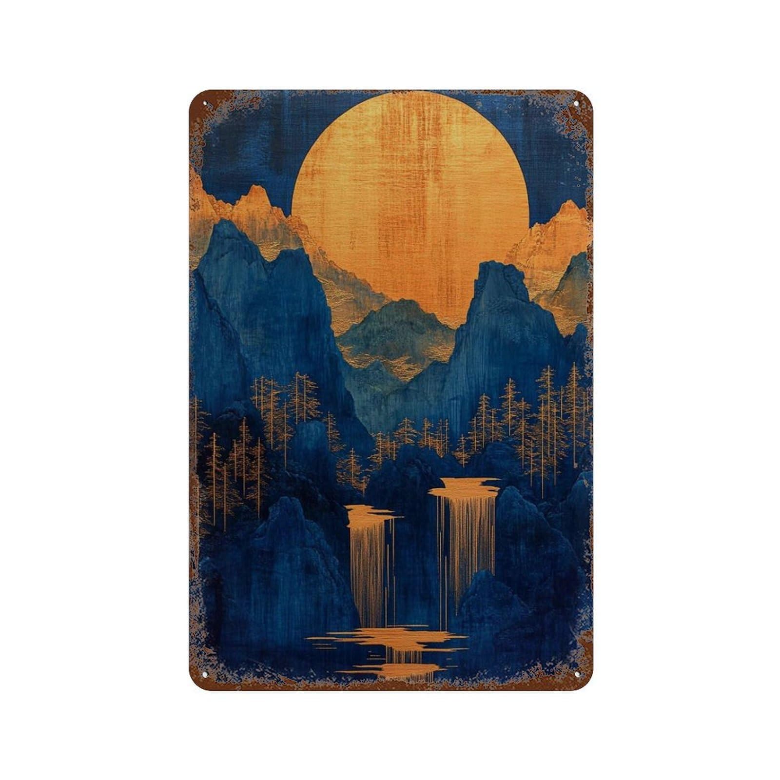 xiaoxiaoshen Golden Sun And Mountain Abstract Waterfall Blue Orange Landscape Asian Wall Decor Art Metal Tin Poster Modern Home Decor Art Home Bar Shop Decorations Vintage Sign 30x20cm