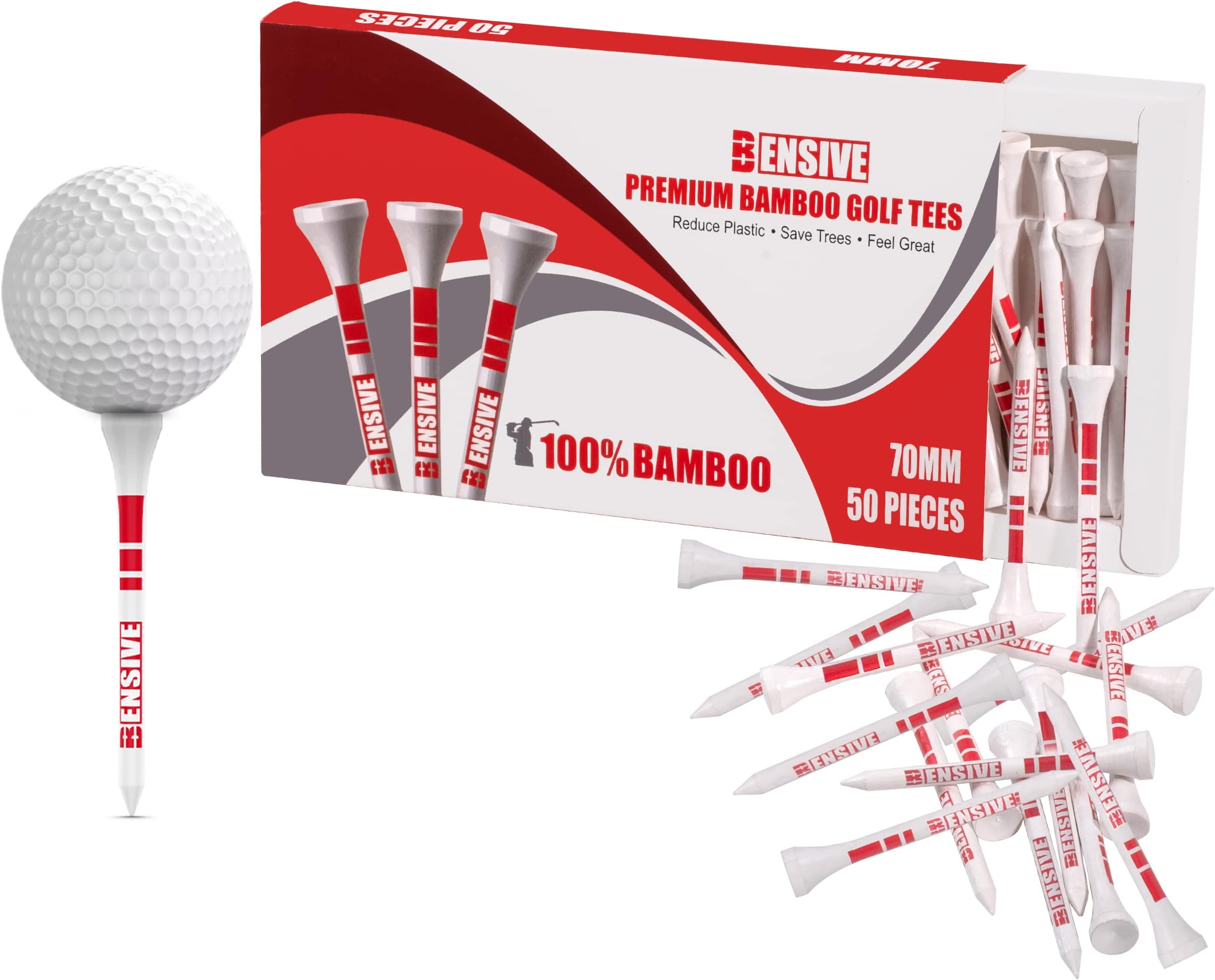 Golf Tees Bamboo 70mm | Pack of 200, 100 & 50 | Sturdy, Biodegradable, Sustainable Wooden Golf Tees with Height Markers & Curved Top - White