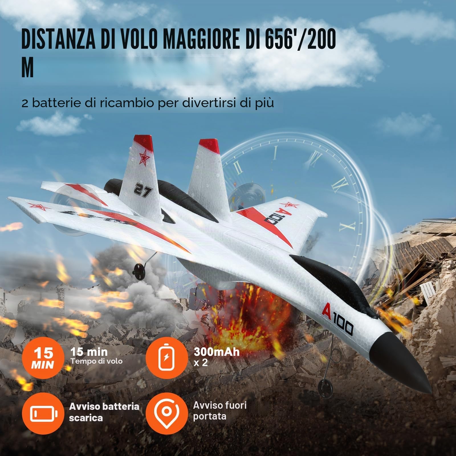 VEVOR Aereo radiocomandato, 2,4 GHz, 4 canali, con stabilizzatore giroscopico a 6 assi e 2 batterie, pronto a volare SU-27, aereo da combattimento, giocattolo per adulti, bambini, principianti, regalo