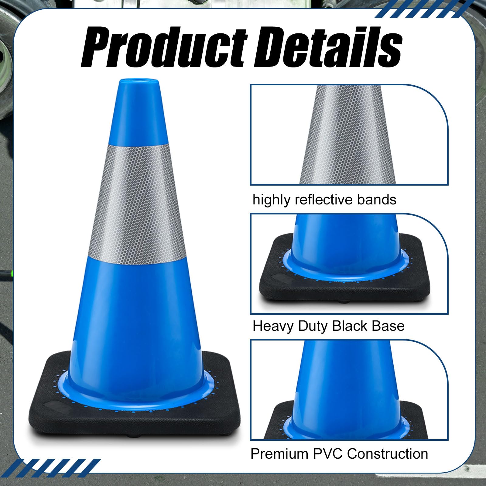 Copkim - 6 conos de seguridad de tráfico de PVC de plástico con base negra y collares reflectantes, conos de conducción para peligros de calle, entrenamiento, construcción de carreteras,