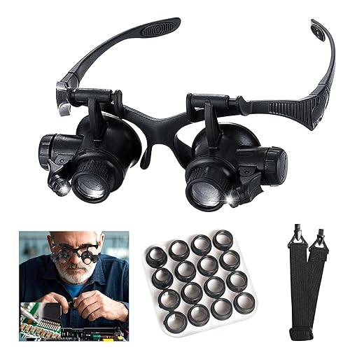 mlogiroa Head Mount Magnifying Glass with LED Light, Jewelers Loupe Magnifier with 8 Interchangeable Lens 2.5X/4X/6X/8X/10X/15X/ 20X/25X for Close Work/Electronics/Eyelash/Crafts/Jewelry/Repair