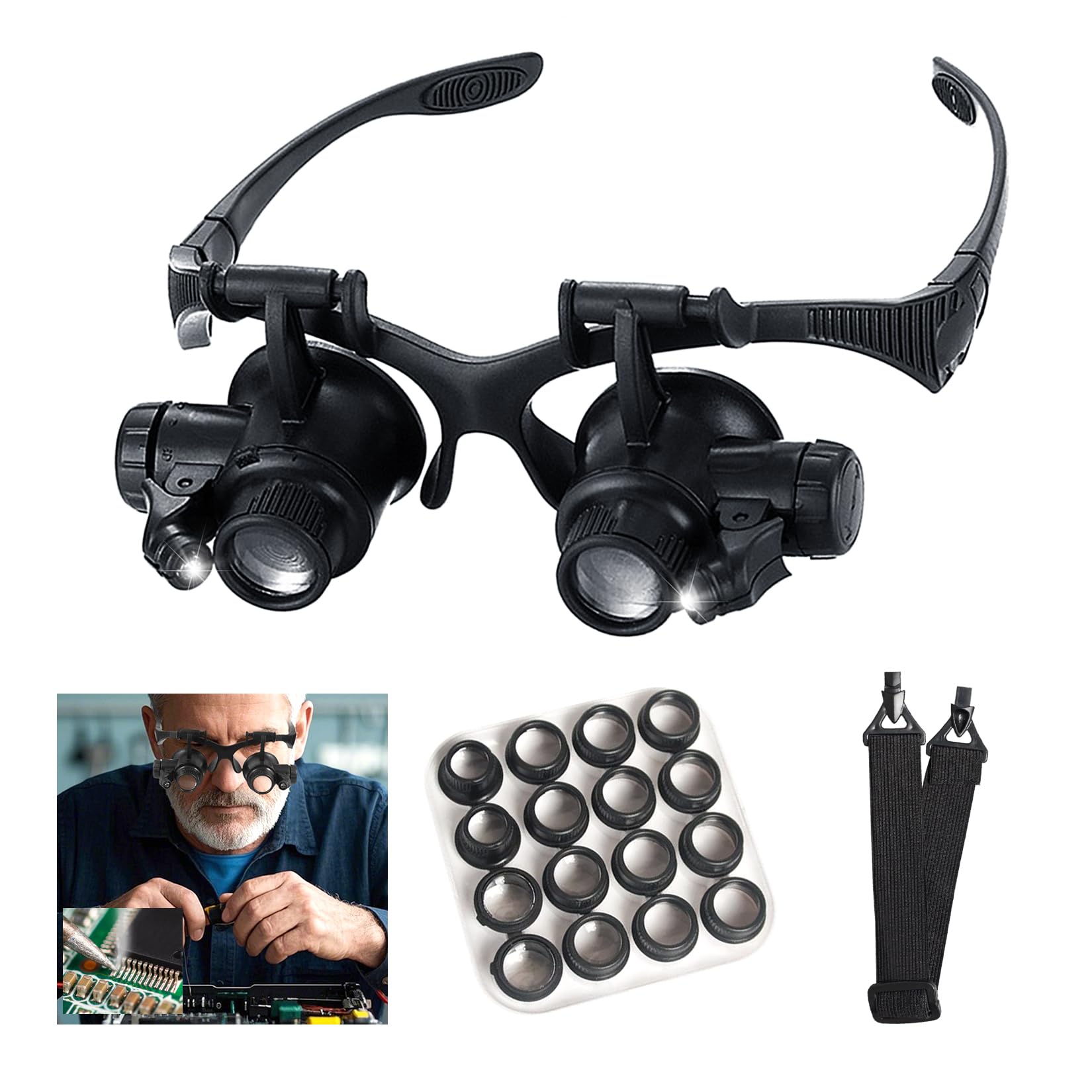 Head Mount Magnifying Glass with LED Light, Jewelers Loupe Magnifier with 8 Interchangeable Lens 2.5X/4X/6X/8X/10X/15X/ 20X/25X for Close Work/Electronics/Eyelash/Crafts/Jewelry/Repair