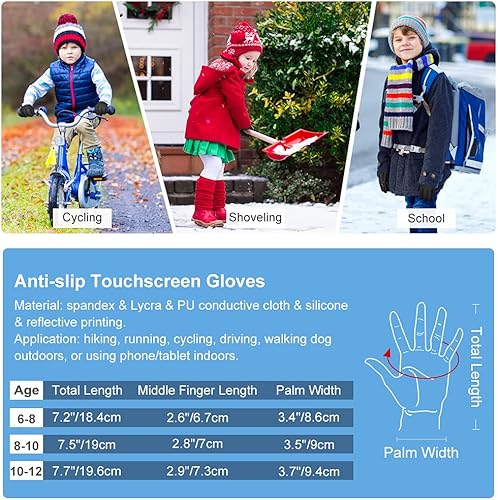 Miniatura 5 de EEFOW Guantes de invierno para pantalla táctil para niños, clima frío, resistente al viento, impermeables, de forro polar, guantes cálidos