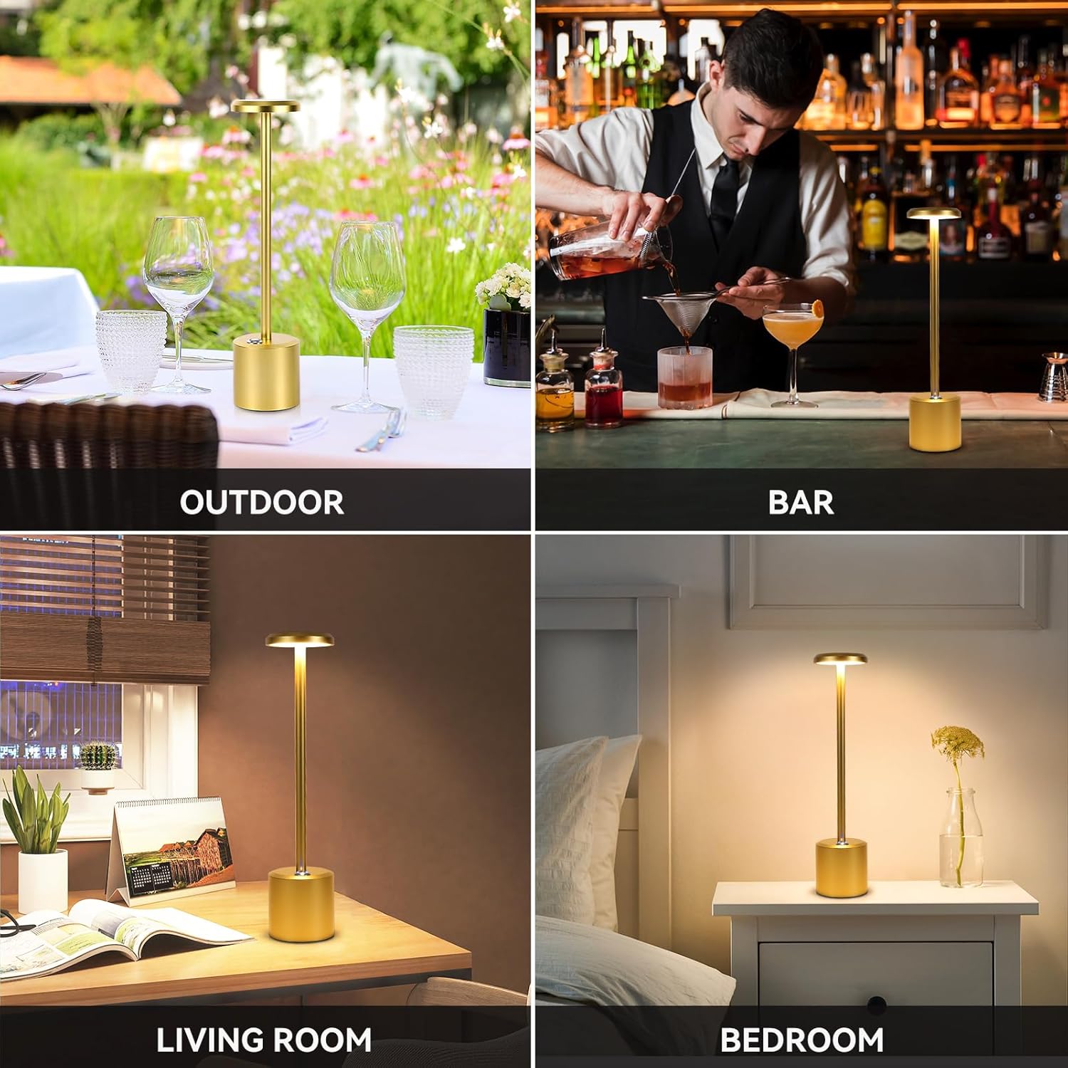 Rechargeable LED Wireless Touch Desk Lamps Set of 2, 5000mAh Battery Operated Lamp, 3 Color Modes with Memory Function and Stepless Dimming Desk Lamp for Restaurant/Bedroom/Terrace (Gold)