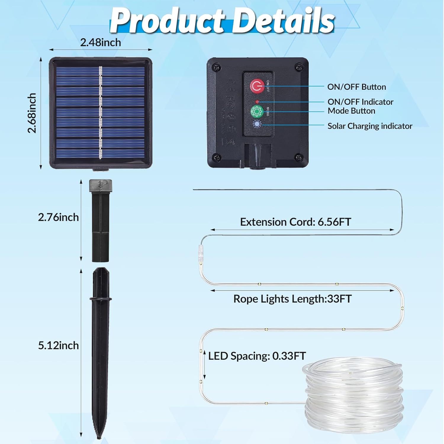 Solar Rope Lights, 33FT 100 LED Solar Fairy Lights with 8 Lighting Modes, IP65 Waterproof Strip Light Outdoor for Garden Yard Patio Deck Fence Tree Party Holiday Decoration, Warm White