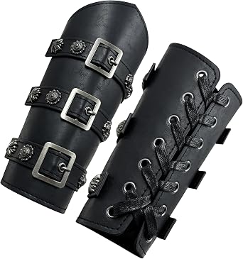 HiiFeuer Medieval PU Leather Buckle Arm Bracers, Knight LARP Retro Renaissance Arm Guards, One Size One Pair