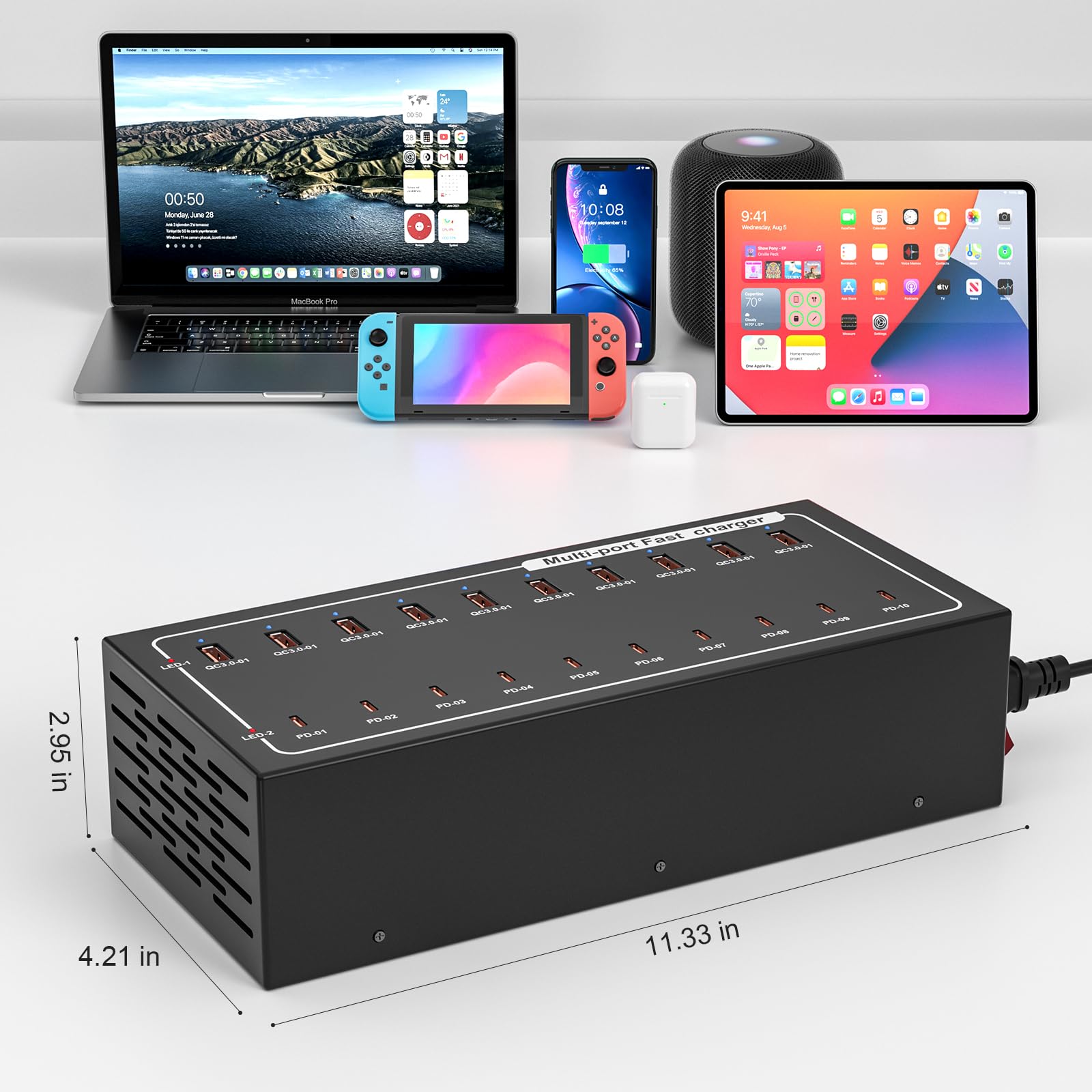 Estación de carga USB de 400 W, 20 puertos (10 USB C + 10 USB A) estación de carga rápida, protección inteligente, soporta carga rápida para MacBook, iPhone, teléfono Android, iPad, tabletas y otros