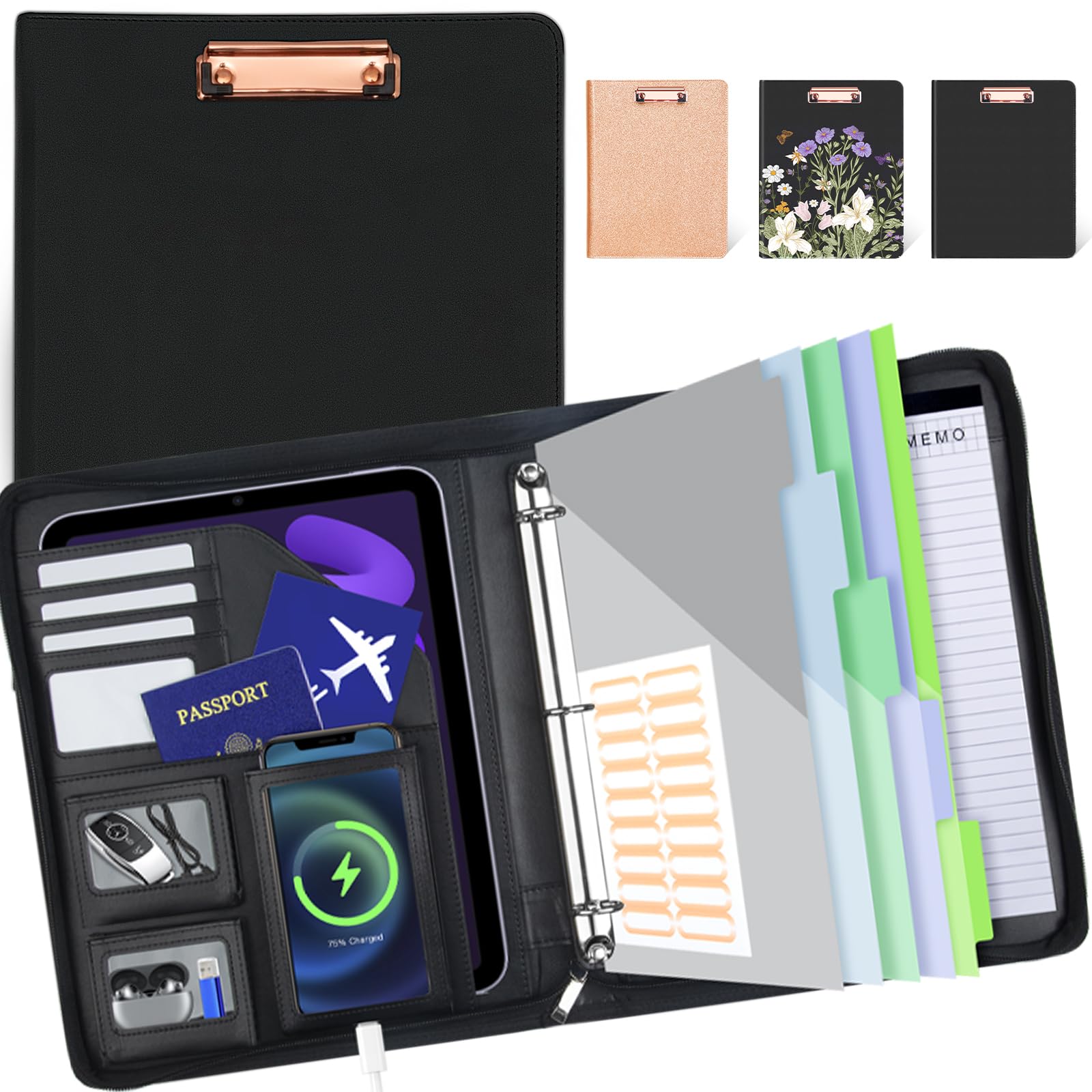Portapapeles de cuero con almacenamiento, portafolio negro, carpeta extraíble de 3 anillos con cremallera de 1 pulgada, organizador de documentos para mujeres y hombres con bloc de notas, 5